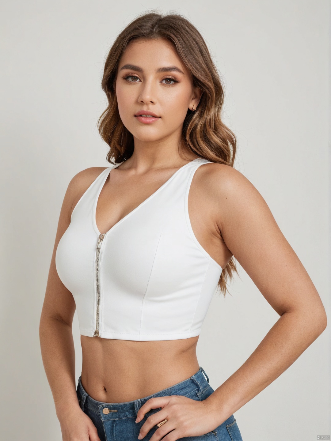 Minimalistic white background,fashion editorial style, ultra realistic photography style, Best quality,realistic,photorealistic,masterpiece,Hyperfine skin details, pores, 

 Super_obese_supermodel\(hubggirl)\, Back Focus,dark-skinned supermodel,(21yo girl, solo, white wall background:1.35), tanlines,standing,bare shoulder,
in door, bedroom, cleavage, she have huge chest, large breasts, sexy and beautiful, She has a gold ring on her finger and a gold necklace on her neck. a young woman stands in front of a stark white backdrop. She is wearing a white t-shirt, a white jacket, and blue jeans. Her hair is pulled back in a ponytail, adding a touch of warmth to her outfit. Her left hand is resting on her head, while her right hand rests on her hip. The woman's shadow is cast on the right side of the image, adding depth to the composition.

day,Bright, natural light,high fashion, trendy, stylish, editorial, magazine style, professional, highly detailed,