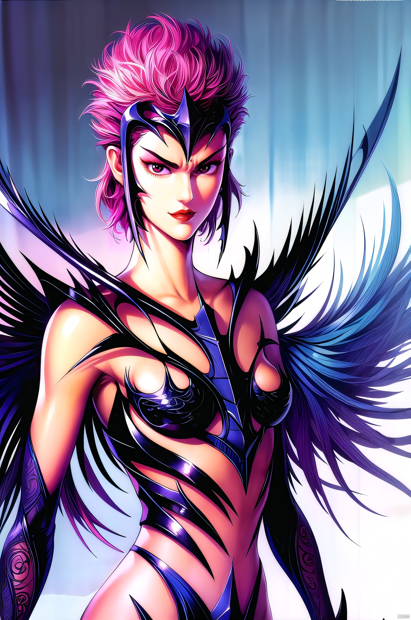 tiexin, 1girl, solo, wings, armor, pink hair, medium breasts, nice hands,upper_body,(highres, high quality:1.3),intricate details,sharp focus,depth of field