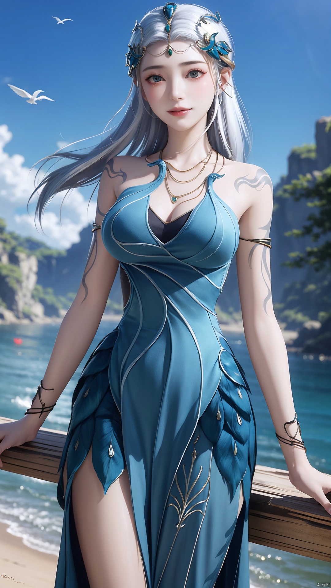 1girl, jewelry, long hair, bracelet, strapless dress, necklace, tattoo, gem, bare shoulders, white hair, aqua dress, mischevious smile, perfect body, scenery, sharp focus, best quality, masterpiece, detailed outfit, illustration, perfect eyes, finely detailed beautiful anime eyes, realistic skin, intricate details, best lighting, depth of field, ultra high resolution,cowboy_shot, dynamic pose, dynamic angle,