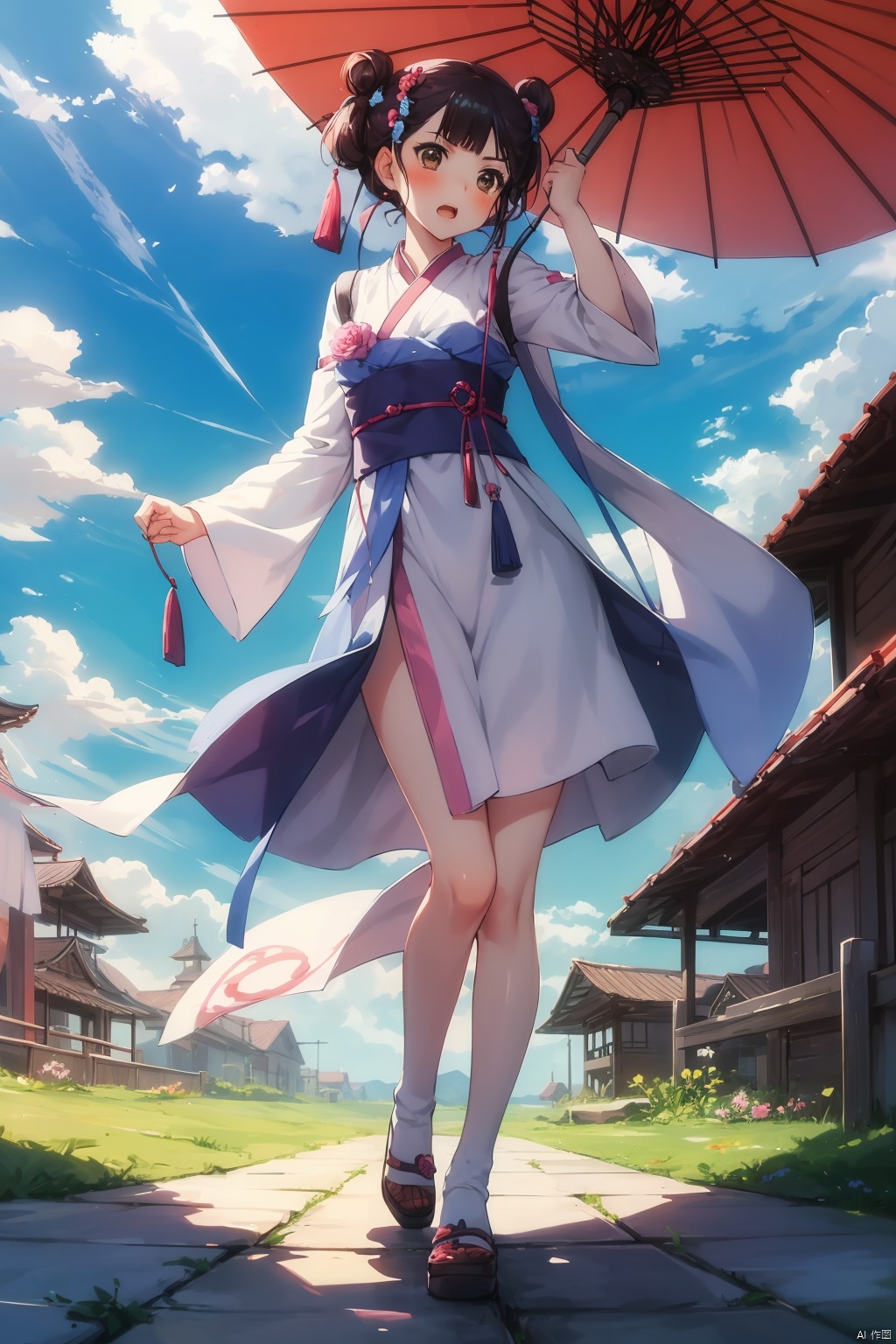 masterpiece, best quality, 1girl, umbrella, solo, sky, day, oil-paper umbrella, brown eyes, cloud, chinese clothes, blush, black hair, parasol, open mouth, houtufeng,