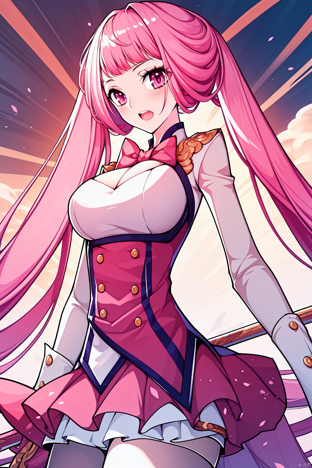  masterpiece,best quality,,,1girl,solo,bangs,long hair,pink hair,pink eyes,skirt,open mouth,breasts,large breasts,twintails,very long hair,bow,