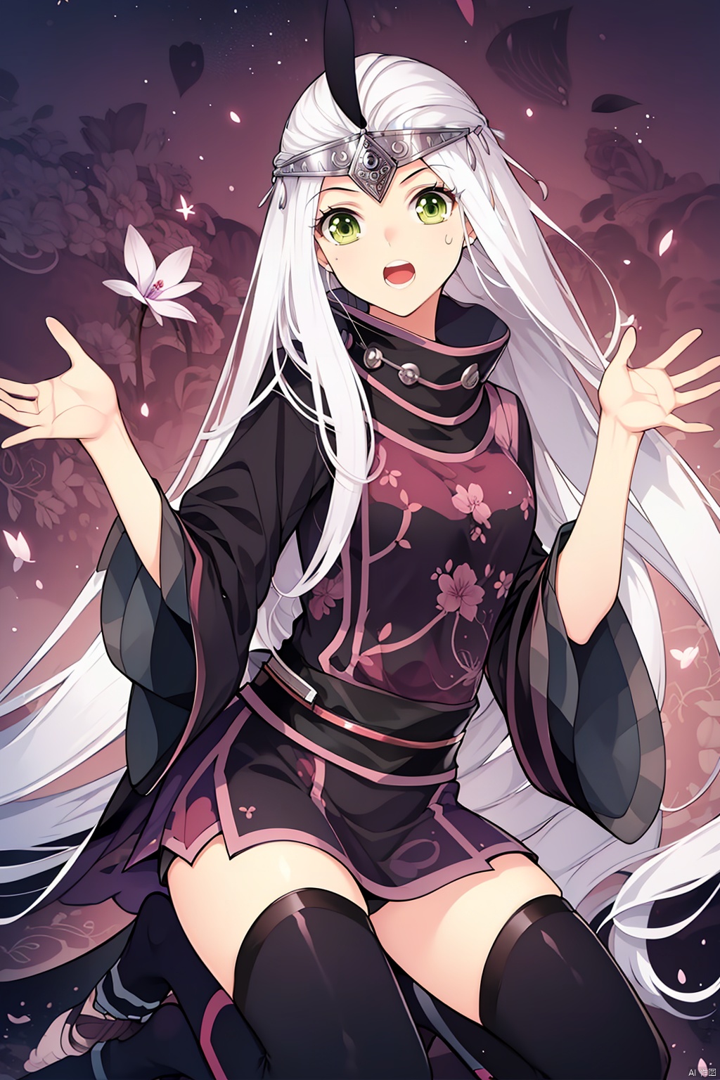  masterpiece,best quality,,,black_legwear,flower,green_eyes,long_hair,open_mouth,round_teeth,solo,twilight,
