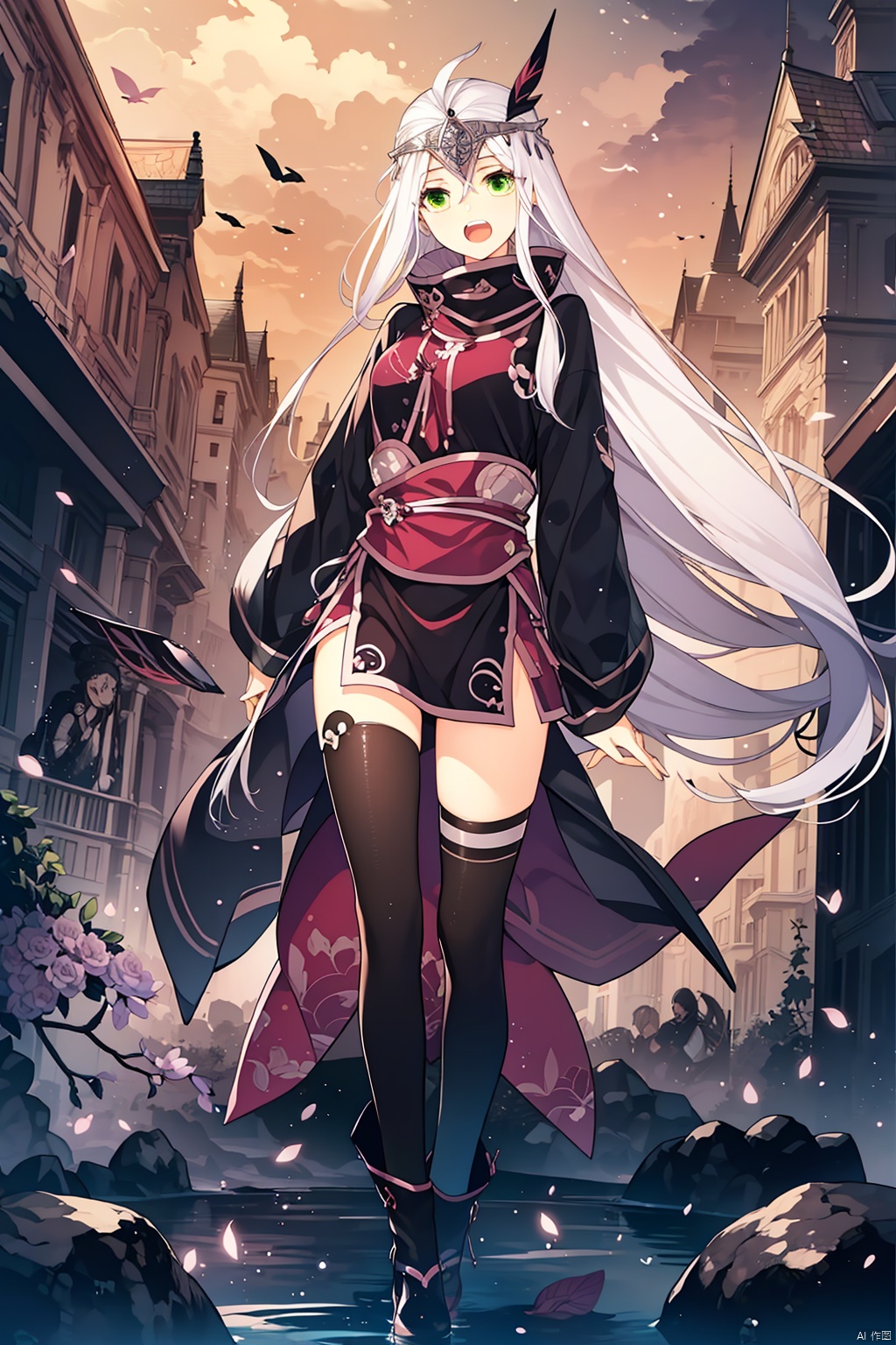  masterpiece,best quality,,,black_legwear,flower,green_eyes,long_hair,open_mouth,round_teeth,solo,twilight,