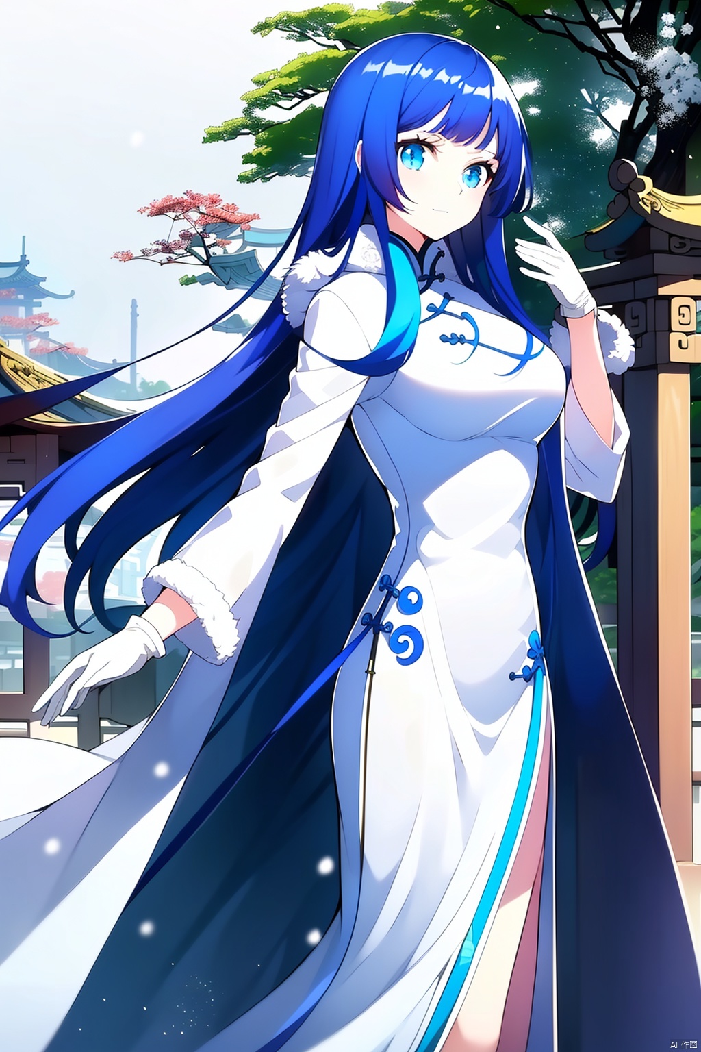 large breasts, mature female, perfect anatomy, 1girl, masterpiece, mistress, goddess, long hair, blue hair, (white dress, china dress, overcoat, fur trim, warm gloves:1.3), outdoors, (Classical Gardens of Suzhou, winter, snowing:1.3)