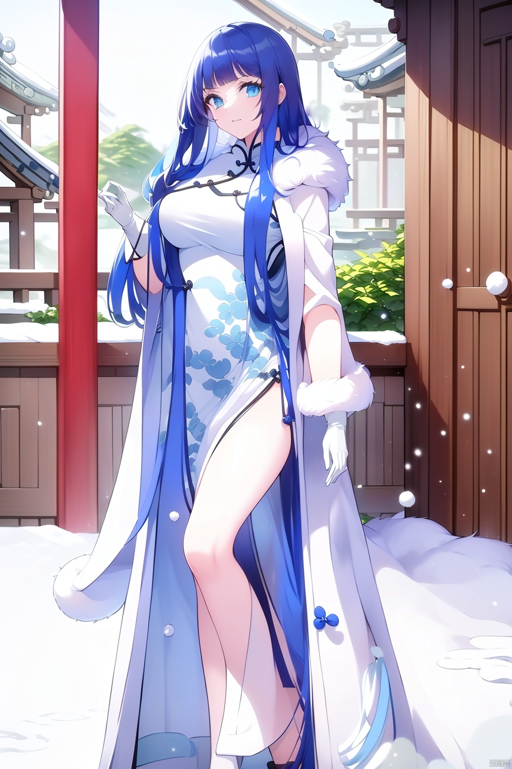 large breasts, mature female, perfect anatomy, 1girl, masterpiece, mistress, goddess, long hair, blue hair, (white dress, china dress, overcoat, fur trim, warm gloves:1.3), outdoors, (Classical Gardens of Suzhou, winter, snowing:1.3)