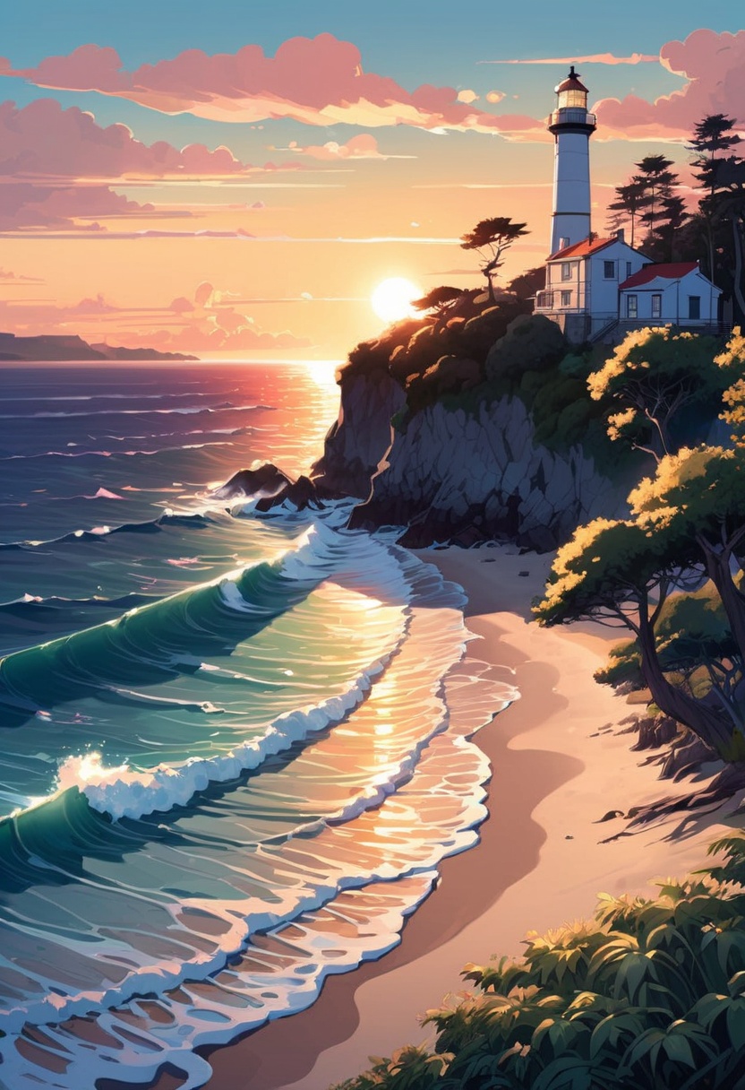 Beach,  trees,  Lighthouse on Tensor.Art