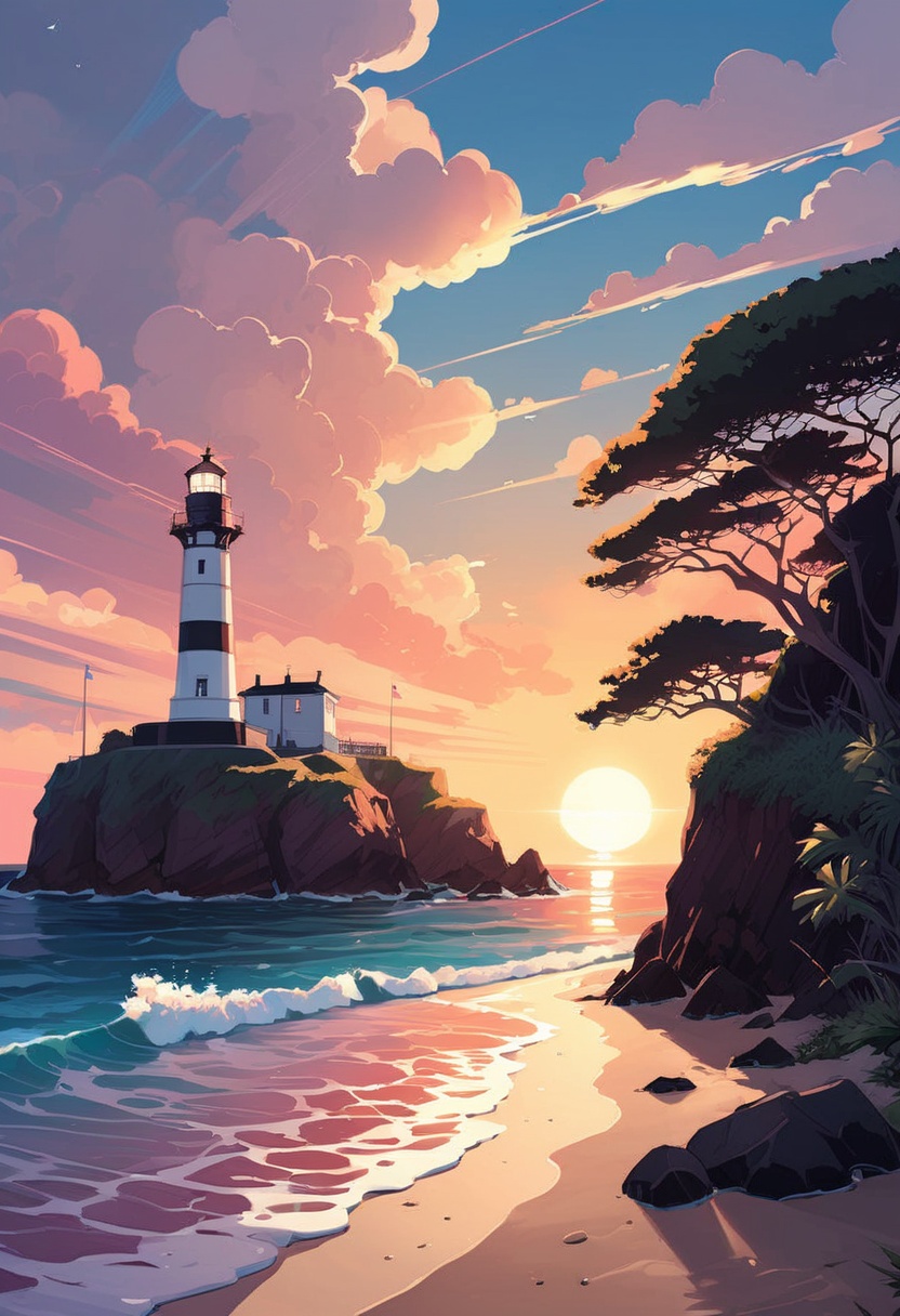 Beach,  trees,  Lighthouse on Tensor.Art