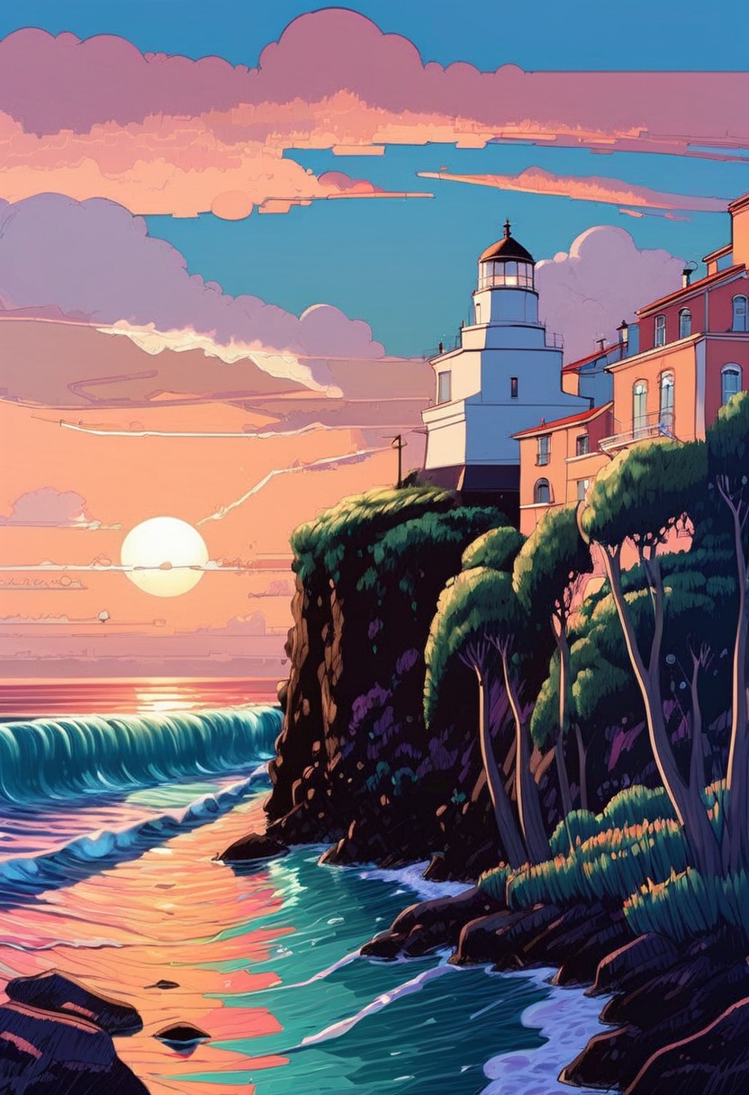 Beach,  trees,  Lighthouse on Tensor.Art