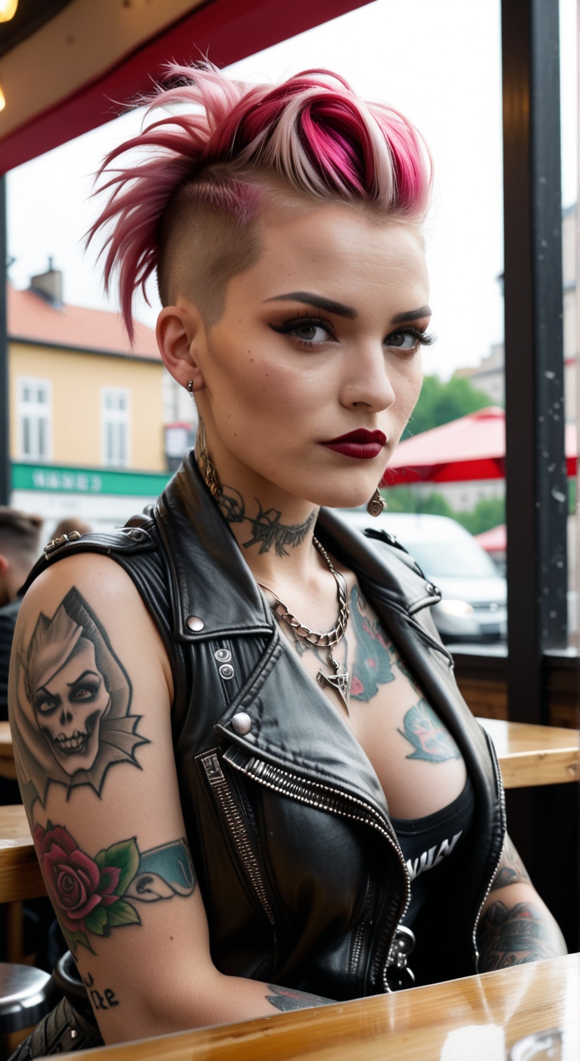 podkowinski year 2020,  beautiful punk girl in a cafe,  in the background people at tables and a view of the city on Tenso...