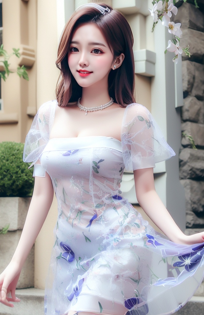 A beautifu lady with curvy shape,  joyful,  wearing (floral dress) with on Tensor.Art