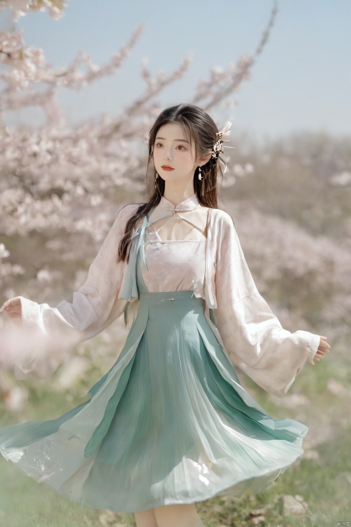  A girl,skirt,jewelry,long_hair,necklace,earrings,perfect body,standing,large breasts,looking at viewer,chinese clothes,china dress,hanfu,cherry_blossoms,in spring,sunny,sunny,wind,cloud,bright,
, ming_hanfu, daxiushan, New Chinese_Hanfu