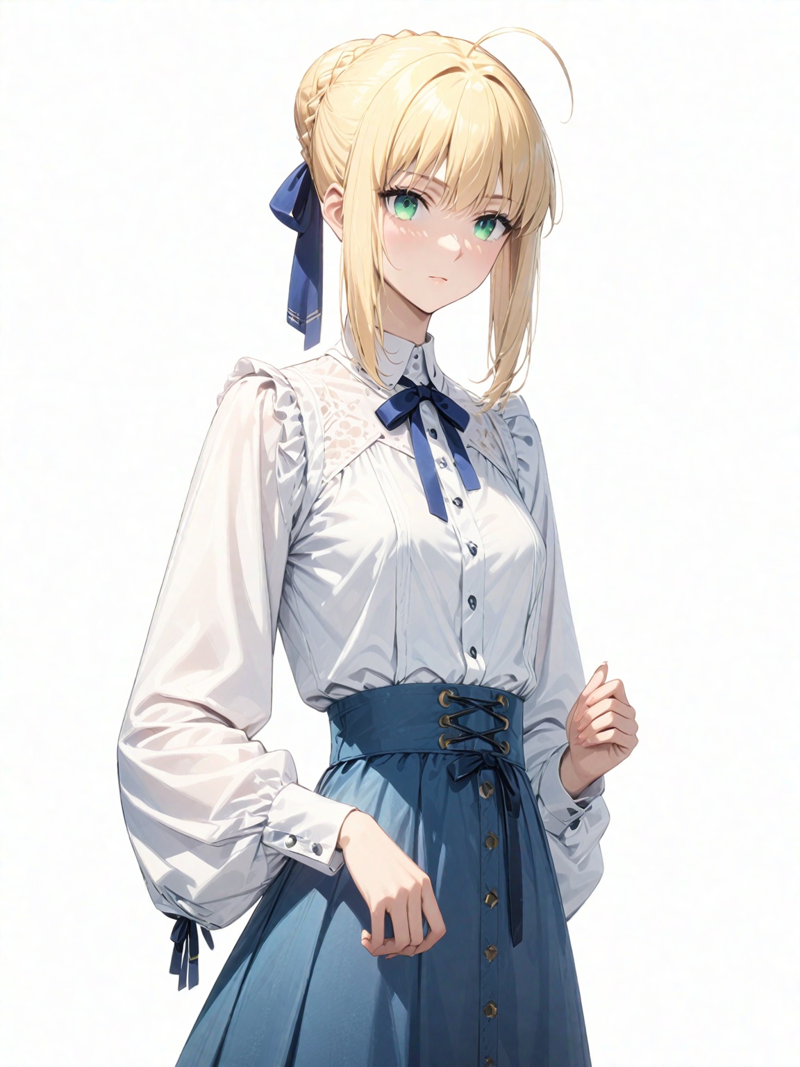 score_9,score_8_up,score_7_up,score_6_up, masterpiece, best quality, detailmaster2, 8k, 8k UHD, ultra detailed, ultra-high resolution, ultra-high definition, highres, 
//Background, white_background,
//Character, 1girl, solo, 
//Fashion, 
//Others, ,artoria pendragon \(fate\), blonde hair, green eyes, sidelocks, braid, hair bun, ahoge, hair ribbon, white shirt, blue skirt