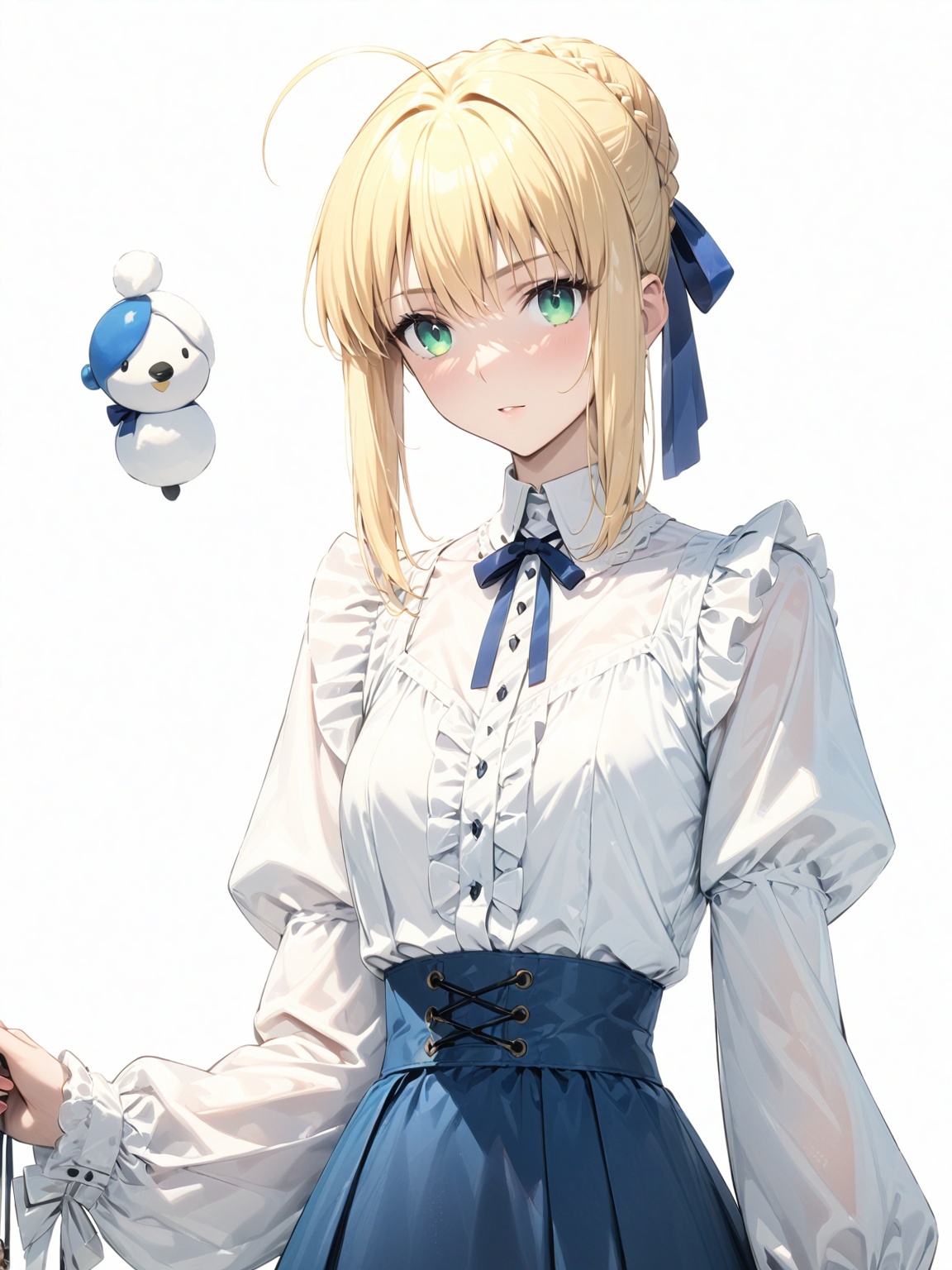 score_9,score_8_up,score_7_up,score_6_up, masterpiece, best quality, detailmaster2, 8k, 8k UHD, ultra detailed, ultra-high resolution, ultra-high definition, highres, 
//Background, white_background,
//Character, 1girl, solo, 
//Fashion, 
//Others, ,artoria pendragon \(fate\), blonde hair, green eyes, sidelocks, braid, hair bun, ahoge, hair ribbon, white shirt, blue skirt