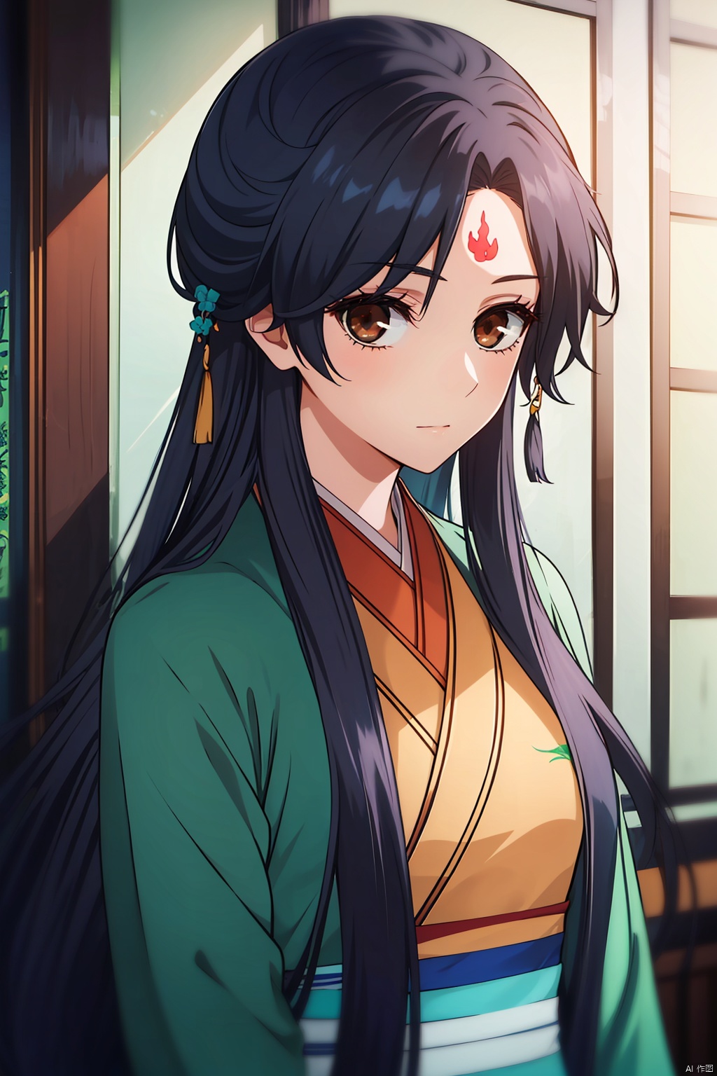  masterpiece,best quality,,,Green Hanfu,1girl,solo,black hair,long hair,brown eyes,looking at viewer,upper body,forehead mark,blue hair,indoors,closed mouth,portrait,bangs,chinese clothes,realistic,