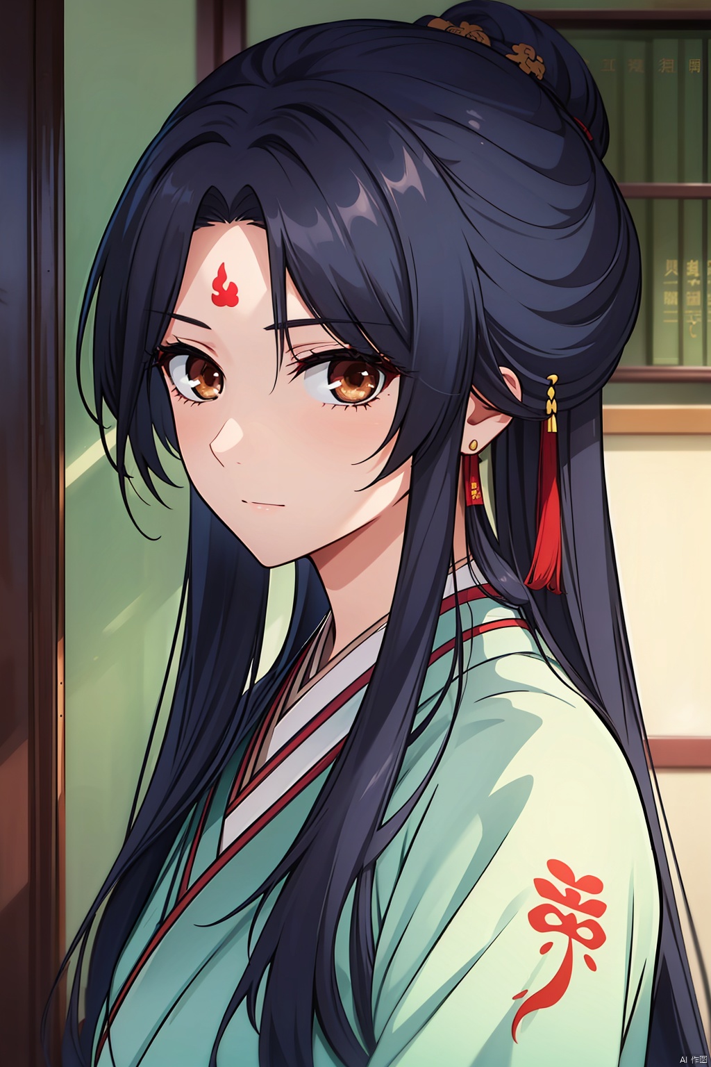  masterpiece,best quality,,,Green Hanfu,1girl,solo,black hair,long hair,brown eyes,looking at viewer,upper body,forehead mark,blue hair,indoors,closed mouth,portrait,bangs,chinese clothes,realistic,