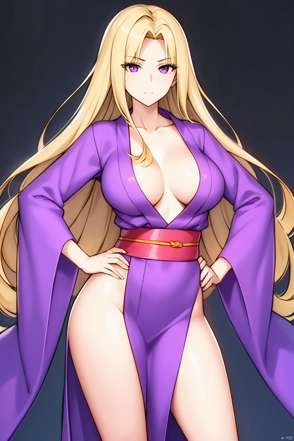 1girl, solo, long hair, breasts, looking at viewer, bangs, blonde hair, large breasts, long sleeves, cleavage, very long hair, closed mouth, standing, purple eyes, collarbone, thighs, cowboy shot, japanese clothes, wide sleeves, kimono, parted bangs, sash, no bra, obi, side slit, hands on hips, ((poakl))