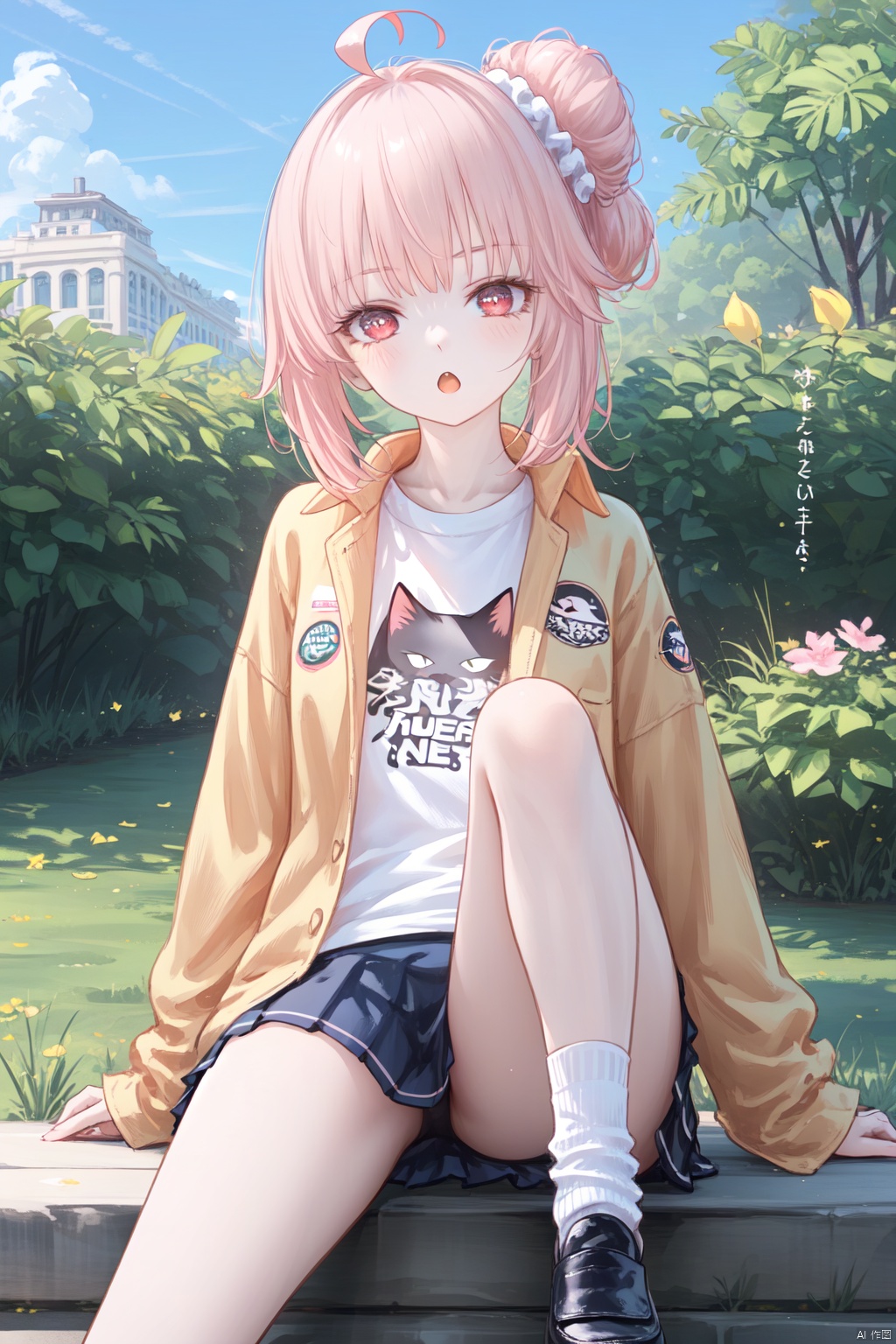  1girl,solo,(masterpiece:1.3),( beautiful:1.2),(high quality:1.2),(finely detailed:1.2),extremely detailed CG unity 8k wallpaper,best quality,a very delicate and beautiful,perfect fingers,(one cute girl at the center:1.2),
long hair, bangs, skirt, shirt, red eyes, long sleeves, jacket, yellow jacket, coat, white shirt, pink hair, sidelocks, thighs, open jacket, shoes, socks, hair bun, side ponytail, black footwear, :o, white socks, loafers, loose socks, scrunchie, miniskirt, pleated skirt, black skirt, ahoge, natsuBand, smile ,outdoors, blue sky,sunlight, clouds, school building,lawn, natsuBA,logo, black cat logo, ((text below the logo)), text,(english-text,SUGARRUSH), ((t-shirt)), (bare legs)