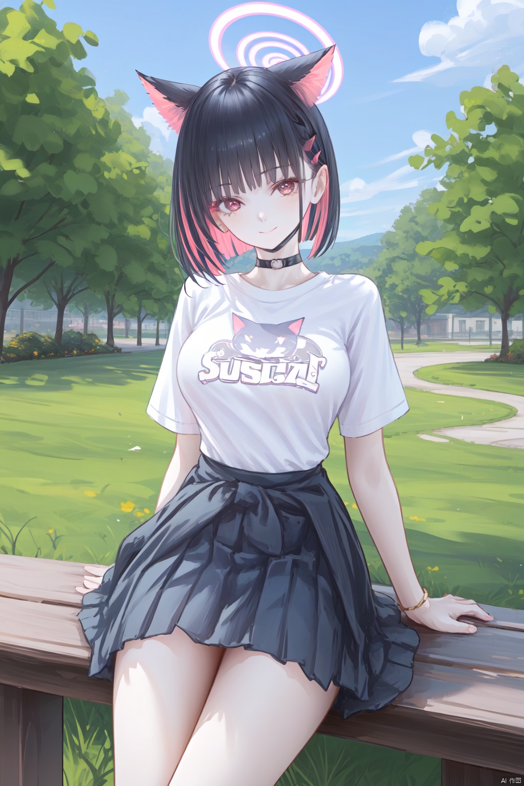  1girl,solo,(masterpiece:1.3),( beautiful:1.2),(high quality:1.2),(finely detailed:1.2),extremely detailed CG unity 8k wallpaper,best quality,a very delicate and beautiful,perfect fingers,(one cute girl at the center:1.2),
 short hair, breasts, bangs, skirt,shirt, black hair, red eyes,animal ears, medium breasts, closed mouth, jacket, white shirt, pink hair, short sleeves, multicolored hair, pleated skirt, choker, cat ears, blunt bangs, pink eyes, two-tone hair, official alternate costume, black jacket, thigh strap, mask, alternate hairstyle, black choker, halo, white skirt, colored inner hair, clothes around waist, jacket around waist, kazusaBand, smile ,outdoors, blue sky,sunlight, clouds, school building,lawn, natsuBA,logo, black cat logo, ((text below the logo)), text,(english-text,SUGARRUSH), ((t-shirt)), , kazusaBA