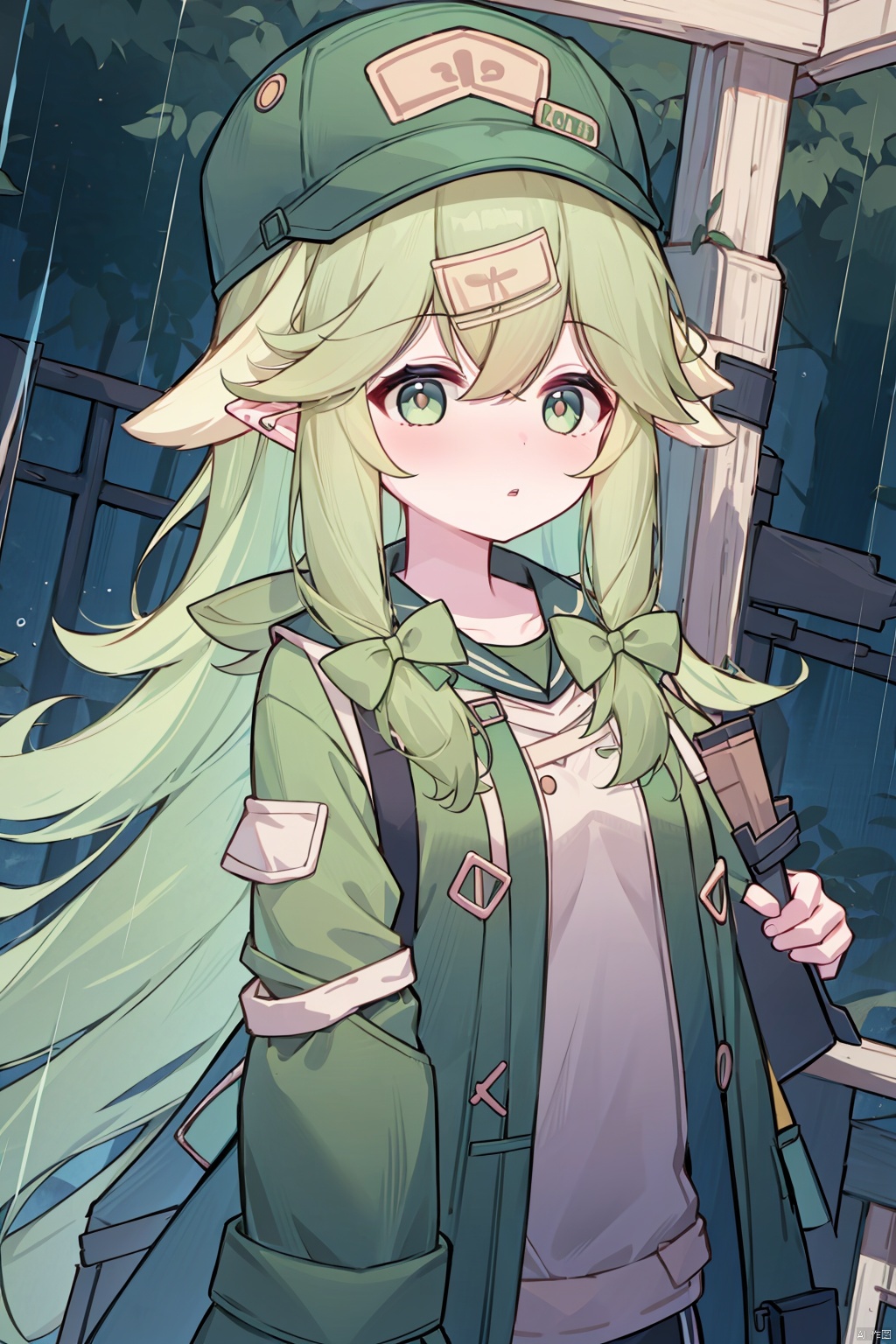 midnight,bust, embellished costume, masterpiece,best quality,official art,extremely detailed CG unity 8k wallpaper,(alone,single,solo,only one,one character,1girl, solo,)1girl, solo, pointy ears, green hair, green headwear, green eyes, hat, long hair, jacket, green jacket, upper body, bow, bangs, shirt, hair bow, hair between eyes, closed mouth, green bow, hair ornament,Neon lights, highways, zebra crossings, cloudy, rain, heavy rain, ray tracing, light signs, trash cans, newspapers on the ground, leaning against the wall,extremely detailed CG unity 8k wallpaper,illustration,lens 135mm,masterpiece, best quality,young girl,naughty face,aquagradient eyes,{{Bokeh}},depth of field,(upper body),cowboy shot,(baggy clothes:1.4),from side,{{Bokeh}},depth of field,Parted lips,looking at viewer,coat,pleated skirt,rubber boots,over-kneehighs,transparent raincoat,night,