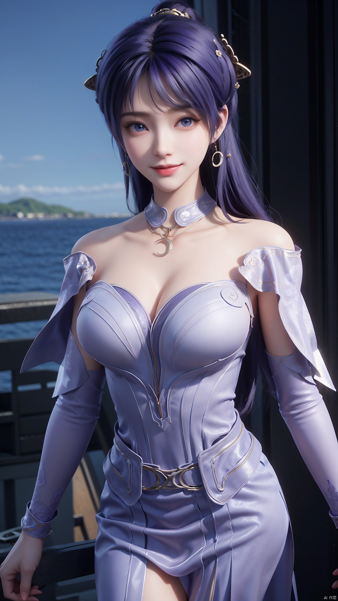  1girl, solo, jewelry, earrings, breasts, necklace, purple hair, dress, realistic, bare shoulders, mischevious smile, perfect body, scenery, sharp focus, best quality, masterpiece, detailed outfit, illustration, perfect eyes, finely detailed beautiful anime eyes, realistic skin, intricate details, best lighting, depth of field, ultra high resolution,cowboy_shot, dynamic pose, dynamic angle,