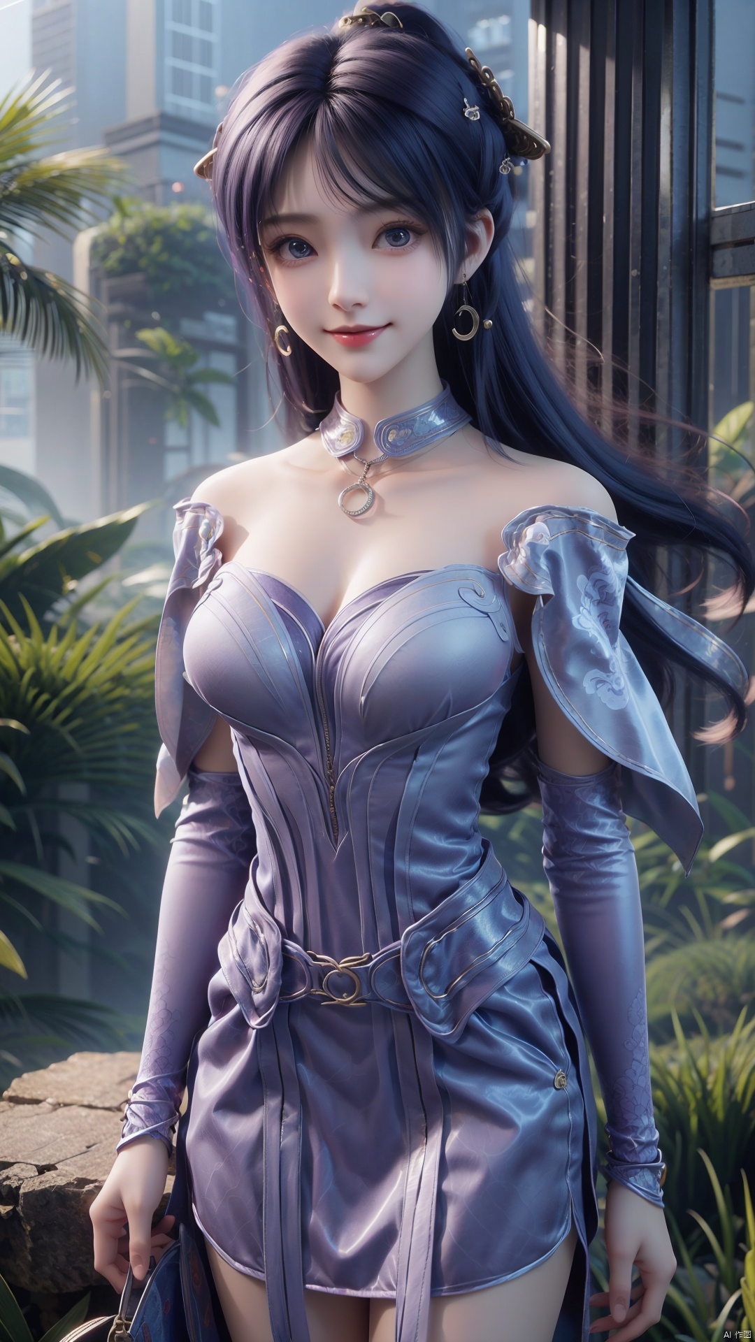  1girl, solo, jewelry, earrings, breasts, necklace, purple hair, dress, realistic, bare shoulders, mischevious smile, perfect body, scenery, sharp focus, best quality, masterpiece, detailed outfit, illustration, perfect eyes, finely detailed beautiful anime eyes, realistic skin, intricate details, best lighting, depth of field, ultra high resolution,cowboy_shot, dynamic pose, dynamic angle,