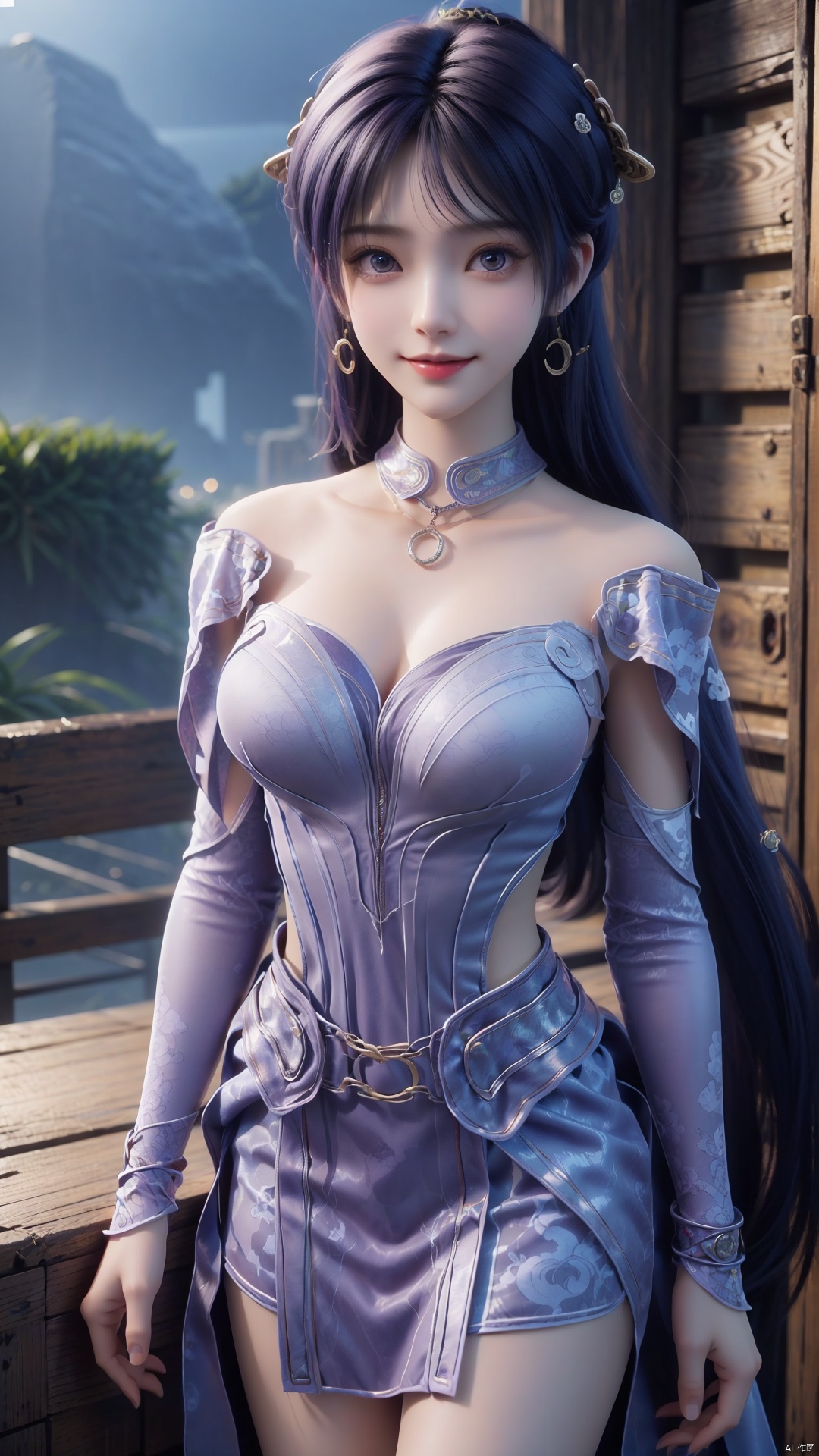  1girl, solo, jewelry, earrings, breasts, necklace, purple hair, dress, realistic, bare shoulders, mischevious smile, perfect body, scenery, sharp focus, best quality, masterpiece, detailed outfit, illustration, perfect eyes, finely detailed beautiful anime eyes, realistic skin, intricate details, best lighting, depth of field, ultra high resolution,cowboy_shot, dynamic pose, dynamic angle,