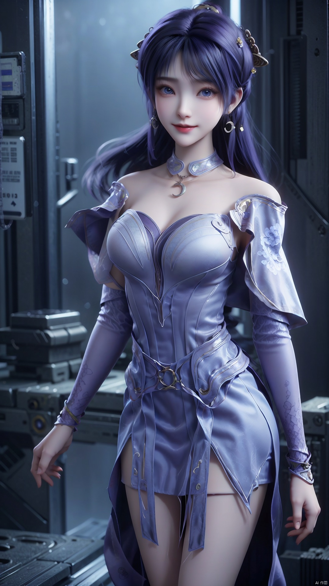  1girl, solo, jewelry, earrings, breasts, necklace, purple hair, dress, realistic, bare shoulders, mischevious smile, perfect body, scenery, sharp focus, best quality, masterpiece, detailed outfit, illustration, perfect eyes, finely detailed beautiful anime eyes, realistic skin, intricate details, best lighting, depth of field, ultra high resolution,cowboy_shot, dynamic pose, dynamic angle,