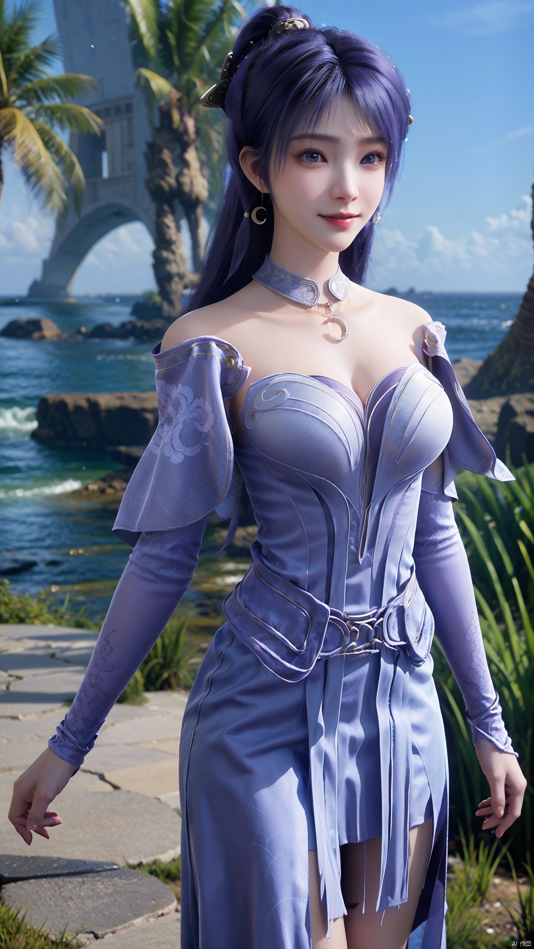  1girl, solo, jewelry, earrings, breasts, necklace, purple hair, dress, realistic, bare shoulders, mischevious smile, perfect body, scenery, sharp focus, best quality, masterpiece, detailed outfit, illustration, perfect eyes, finely detailed beautiful anime eyes, realistic skin, intricate details, best lighting, depth of field, ultra high resolution,cowboy_shot, dynamic pose, dynamic angle,