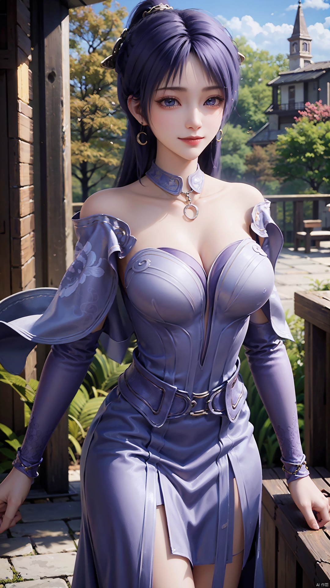  1girl, solo, jewelry, earrings, breasts, necklace, purple hair, dress, realistic, bare shoulders, mischevious smile, perfect body, scenery, sharp focus, best quality, masterpiece, detailed outfit, illustration, perfect eyes, finely detailed beautiful anime eyes, realistic skin, intricate details, best lighting, depth of field, ultra high resolution,cowboy_shot, dynamic pose, dynamic angle,