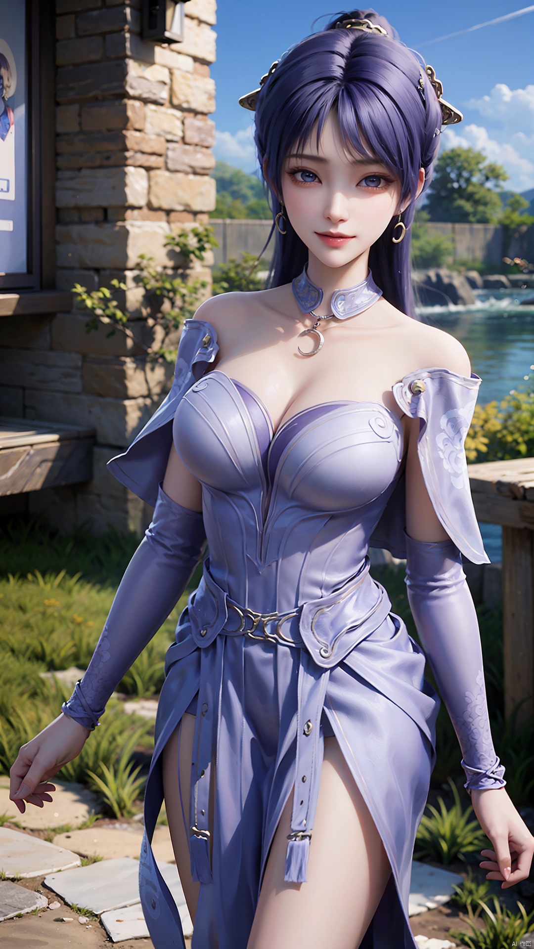  1girl, solo, jewelry, earrings, breasts, necklace, purple hair, dress, realistic, bare shoulders, mischevious smile, perfect body, scenery, sharp focus, best quality, masterpiece, detailed outfit, illustration, perfect eyes, finely detailed beautiful anime eyes, realistic skin, intricate details, best lighting, depth of field, ultra high resolution,cowboy_shot, dynamic pose, dynamic angle,