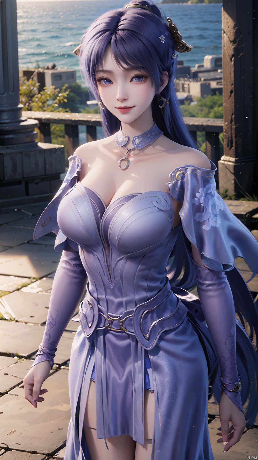  1girl, solo, jewelry, earrings, breasts, necklace, purple hair, dress, realistic, bare shoulders, mischevious smile, perfect body, scenery, sharp focus, best quality, masterpiece, detailed outfit, illustration, perfect eyes, finely detailed beautiful anime eyes, realistic skin, intricate details, best lighting, depth of field, ultra high resolution,cowboy_shot, dynamic pose, dynamic angle,