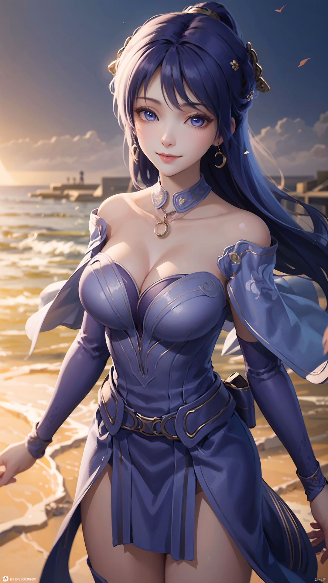  1girl, solo, jewelry, earrings, breasts, necklace, purple hair, dress, realistic, bare shoulders, mischevious smile, perfect body, scenery, sharp focus, best quality, masterpiece, detailed outfit, illustration, perfect eyes, finely detailed beautiful anime eyes, realistic skin, intricate details, best lighting, depth of field, ultra high resolution,cowboy_shot, dynamic pose, dynamic angle,