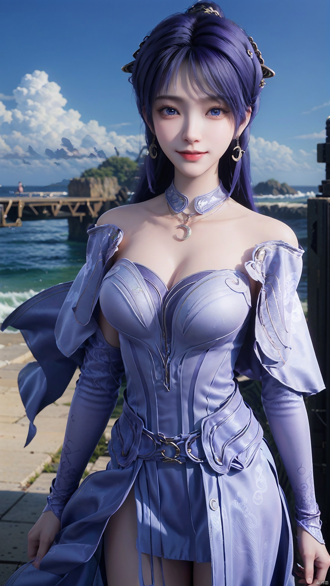  1girl, solo, jewelry, earrings, breasts, necklace, purple hair, dress, realistic, bare shoulders, mischevious smile, perfect body, scenery, sharp focus, best quality, masterpiece, detailed outfit, illustration, perfect eyes, finely detailed beautiful anime eyes, realistic skin, intricate details, best lighting, depth of field, ultra high resolution,cowboy_shot, dynamic pose, dynamic angle,