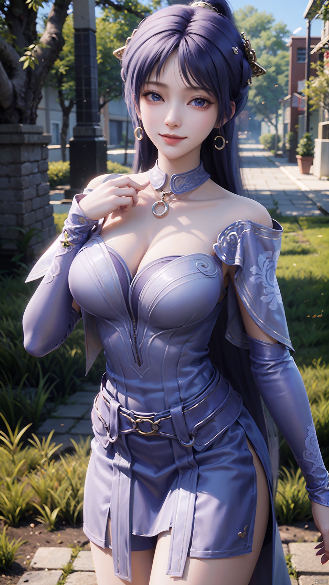  1girl, solo, jewelry, earrings, breasts, necklace, purple hair, dress, realistic, bare shoulders, mischevious smile, perfect body, scenery, sharp focus, best quality, masterpiece, detailed outfit, illustration, perfect eyes, finely detailed beautiful anime eyes, realistic skin, intricate details, best lighting, depth of field, ultra high resolution,cowboy_shot, dynamic pose, dynamic angle,