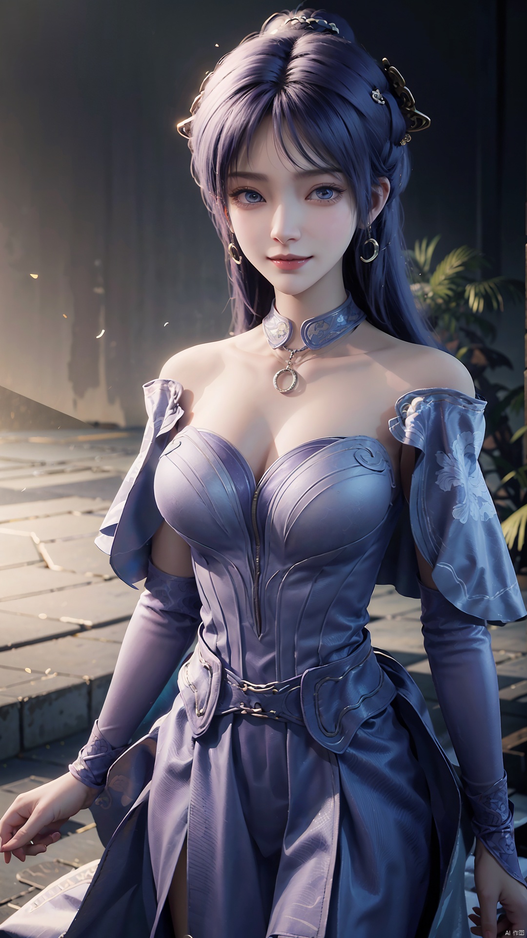  1girl, solo, jewelry, earrings, breasts, necklace, purple hair, dress, realistic, bare shoulders, mischevious smile, perfect body, scenery, sharp focus, best quality, masterpiece, detailed outfit, illustration, perfect eyes, finely detailed beautiful anime eyes, realistic skin, intricate details, best lighting, depth of field, ultra high resolution,cowboy_shot, dynamic pose, dynamic angle,