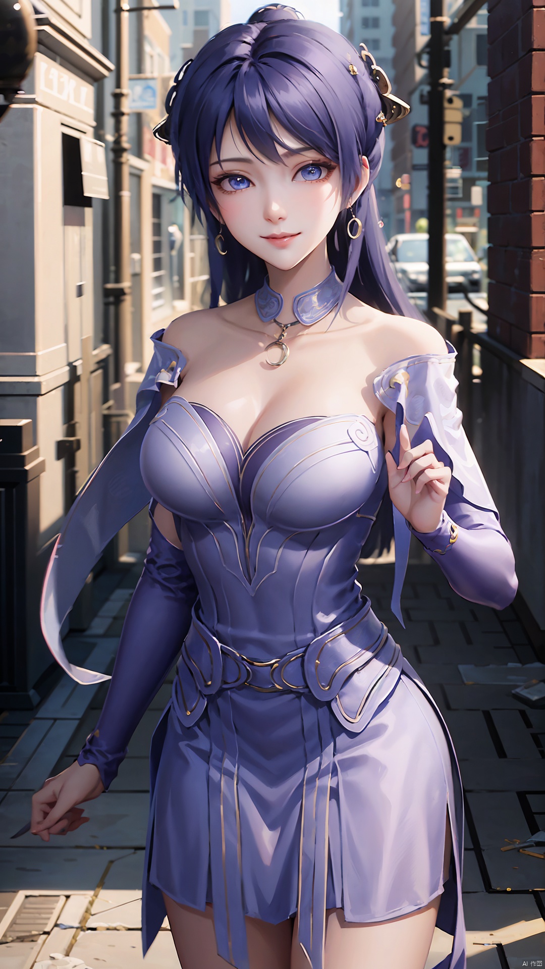  1girl, solo, jewelry, earrings, breasts, necklace, purple hair, dress, realistic, bare shoulders, mischevious smile, perfect body, scenery, sharp focus, best quality, masterpiece, detailed outfit, illustration, perfect eyes, finely detailed beautiful anime eyes, realistic skin, intricate details, best lighting, depth of field, ultra high resolution,cowboy_shot, dynamic pose, dynamic angle,