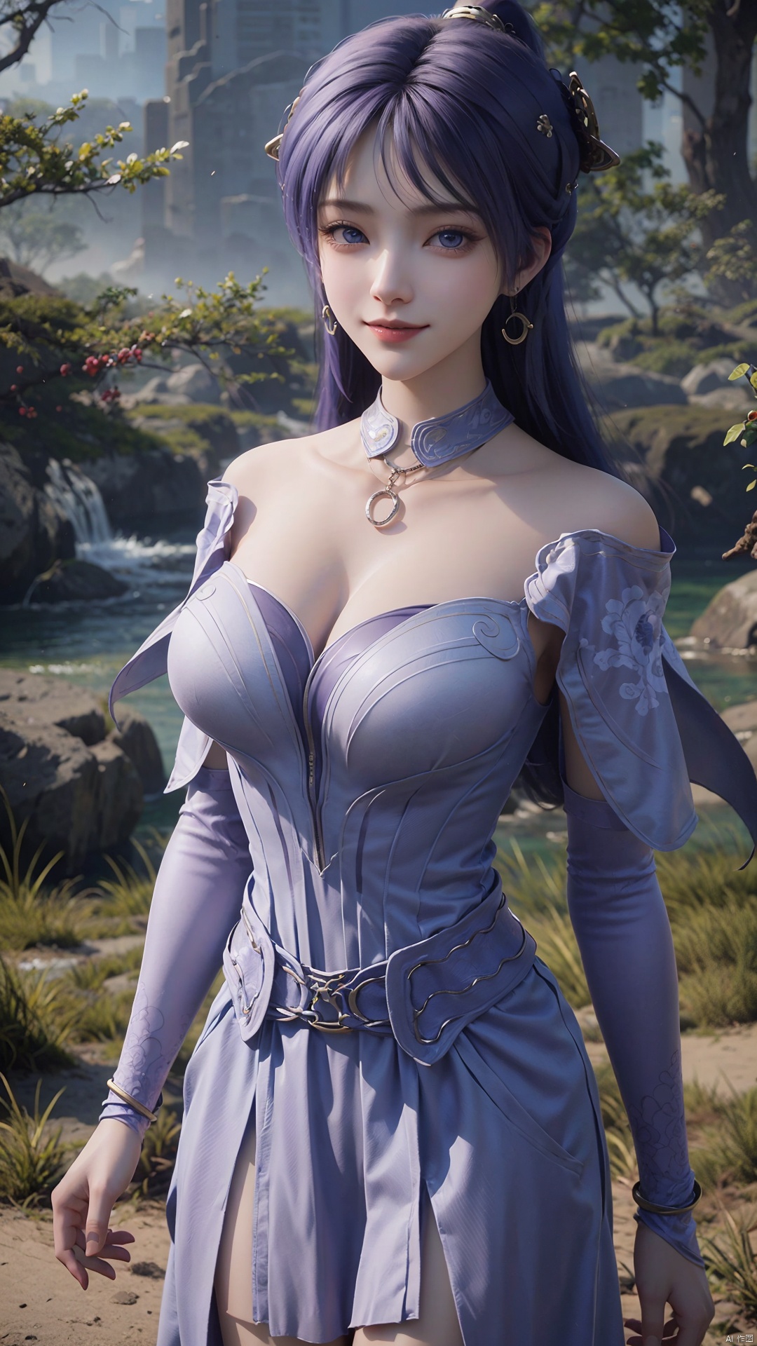  1girl, solo, jewelry, earrings, breasts, necklace, purple hair, dress, realistic, bare shoulders, mischevious smile, perfect body, scenery, sharp focus, best quality, masterpiece, detailed outfit, illustration, perfect eyes, finely detailed beautiful anime eyes, realistic skin, intricate details, best lighting, depth of field, ultra high resolution,cowboy_shot, dynamic pose, dynamic angle,