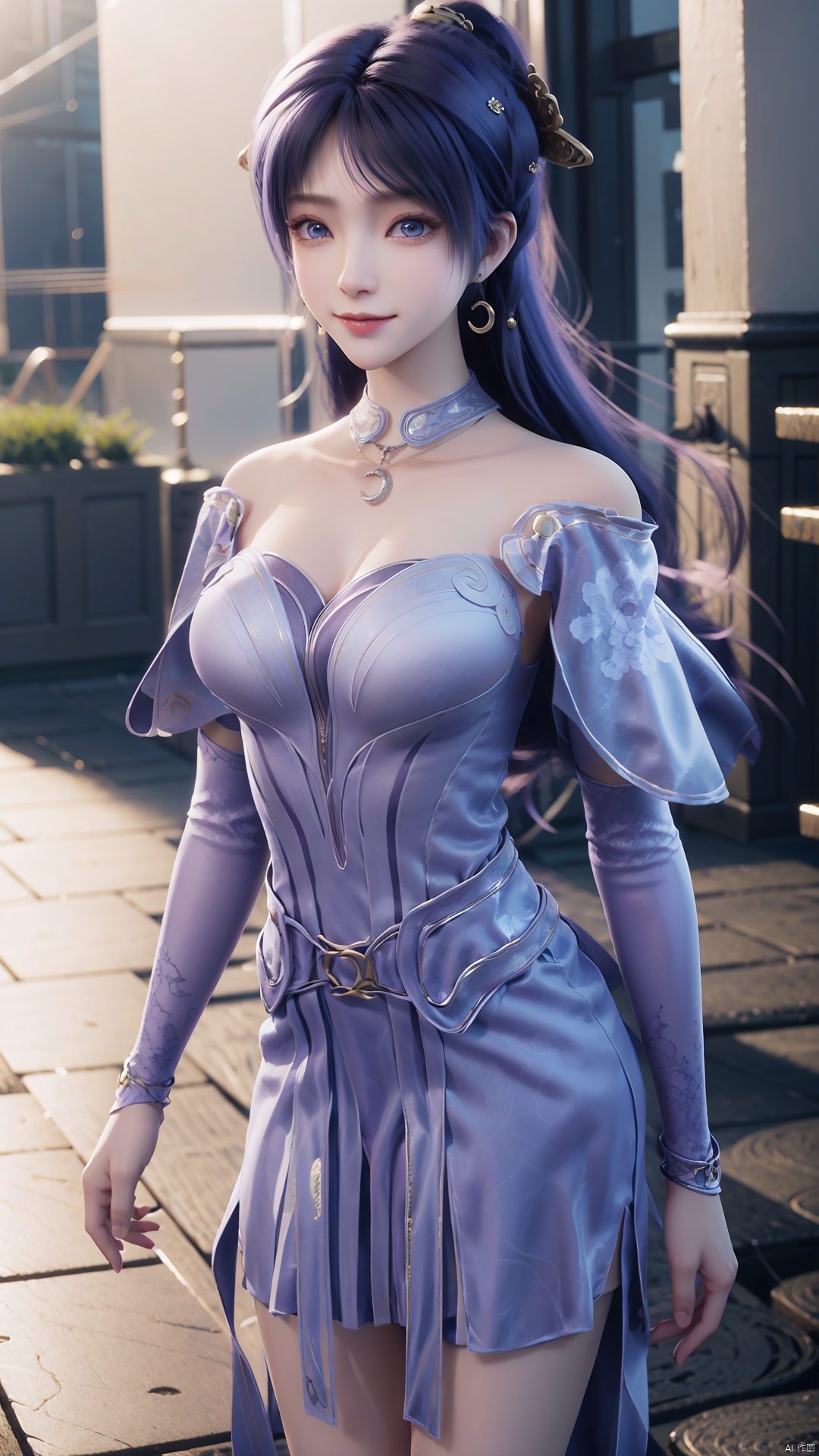  1girl, solo, jewelry, earrings, breasts, necklace, purple hair, dress, realistic, bare shoulders, mischevious smile, perfect body, scenery, sharp focus, best quality, masterpiece, detailed outfit, illustration, perfect eyes, finely detailed beautiful anime eyes, realistic skin, intricate details, best lighting, depth of field, ultra high resolution,cowboy_shot, dynamic pose, dynamic angle,