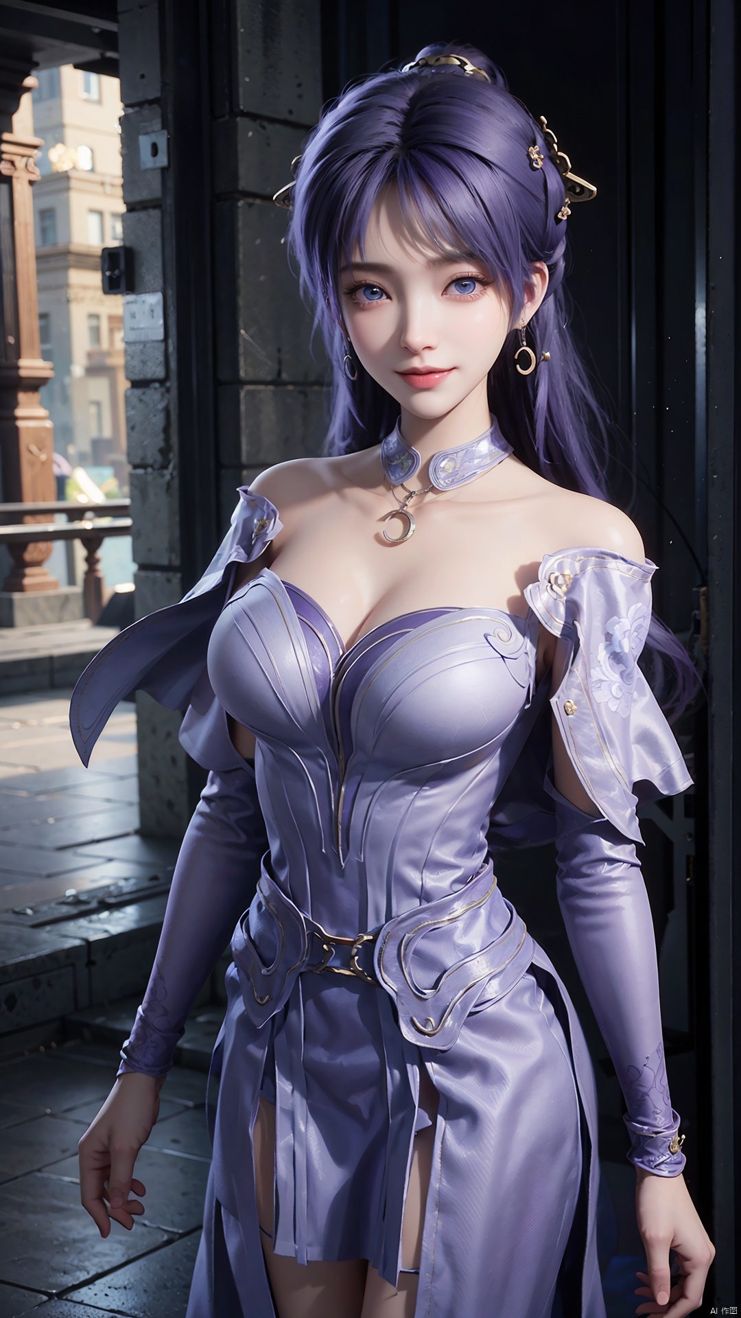  1girl, solo, jewelry, earrings, breasts, necklace, purple hair, dress, realistic, bare shoulders, mischevious smile, perfect body, scenery, sharp focus, best quality, masterpiece, detailed outfit, illustration, perfect eyes, finely detailed beautiful anime eyes, realistic skin, intricate details, best lighting, depth of field, ultra high resolution,cowboy_shot, dynamic pose, dynamic angle,