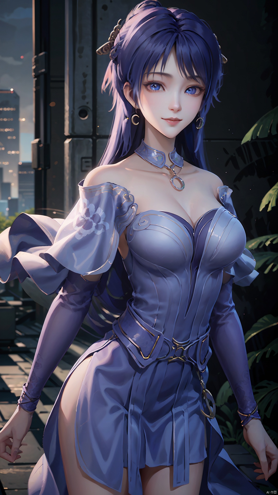  1girl, solo, jewelry, earrings, breasts, necklace, purple hair, dress, realistic, bare shoulders, mischevious smile, perfect body, scenery, sharp focus, best quality, masterpiece, detailed outfit, illustration, perfect eyes, finely detailed beautiful anime eyes, realistic skin, intricate details, best lighting, depth of field, ultra high resolution,cowboy_shot, dynamic pose, dynamic angle,