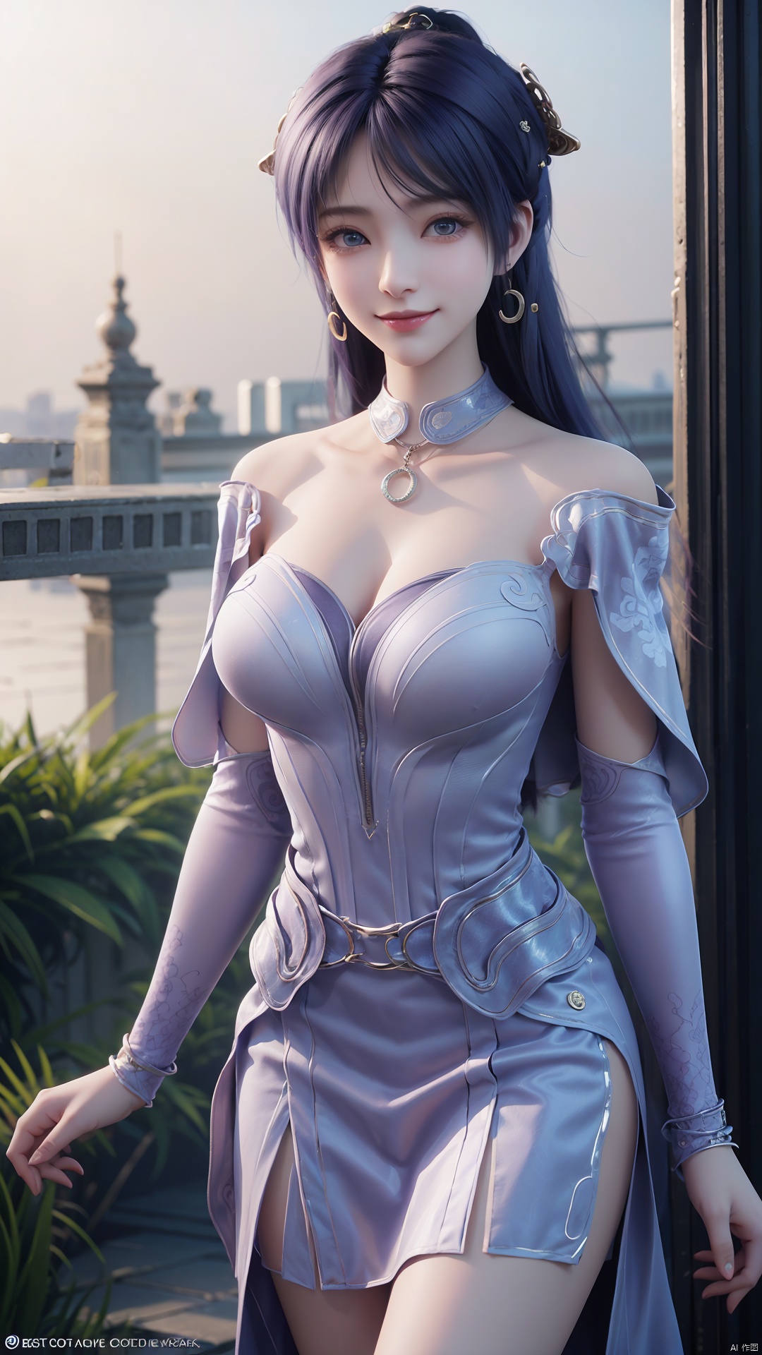  1girl, solo, jewelry, earrings, breasts, necklace, purple hair, dress, realistic, bare shoulders, mischevious smile, perfect body, scenery, sharp focus, best quality, masterpiece, detailed outfit, illustration, perfect eyes, finely detailed beautiful anime eyes, realistic skin, intricate details, best lighting, depth of field, ultra high resolution,cowboy_shot, dynamic pose, dynamic angle,