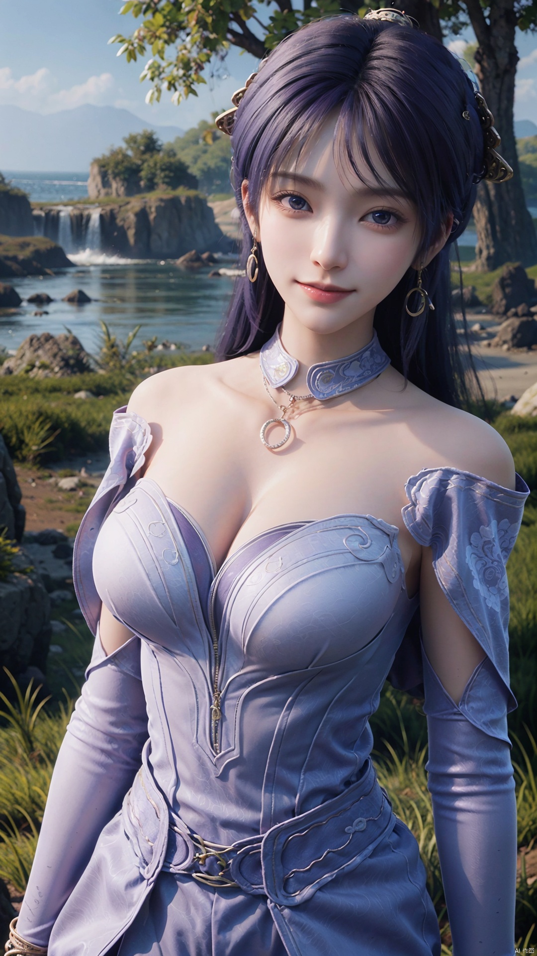  1girl, solo, jewelry, earrings, breasts, necklace, purple hair, dress, realistic, bare shoulders, mischevious smile, perfect body, scenery, sharp focus, best quality, masterpiece, detailed outfit, illustration, perfect eyes, finely detailed beautiful anime eyes, realistic skin, intricate details, best lighting, depth of field, ultra high resolution,cowboy_shot, dynamic pose, dynamic angle,