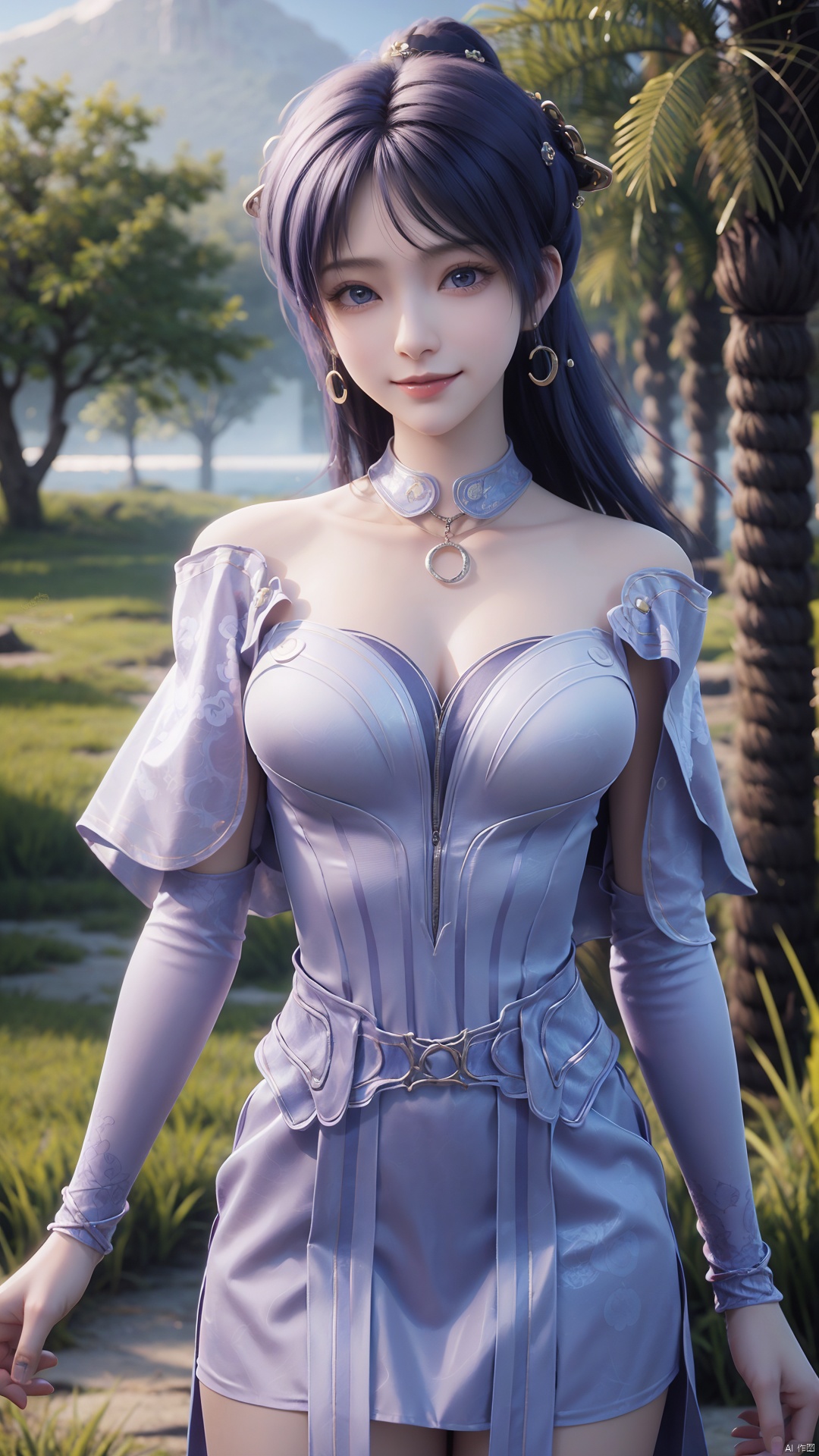  1girl, solo, jewelry, earrings, breasts, necklace, purple hair, dress, realistic, bare shoulders, mischevious smile, perfect body, scenery, sharp focus, best quality, masterpiece, detailed outfit, illustration, perfect eyes, finely detailed beautiful anime eyes, realistic skin, intricate details, best lighting, depth of field, ultra high resolution,cowboy_shot, dynamic pose, dynamic angle,