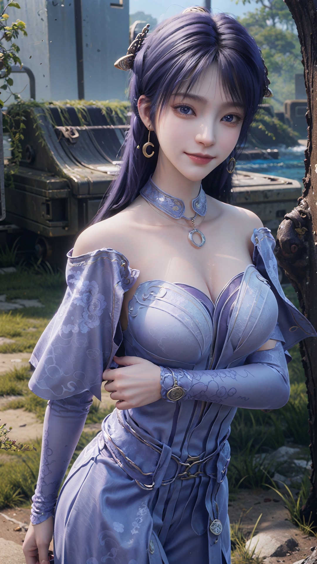  1girl, solo, jewelry, earrings, breasts, necklace, purple hair, dress, realistic, bare shoulders, mischevious smile, perfect body, scenery, sharp focus, best quality, masterpiece, detailed outfit, illustration, perfect eyes, finely detailed beautiful anime eyes, realistic skin, intricate details, best lighting, depth of field, ultra high resolution,cowboy_shot, dynamic pose, dynamic angle,