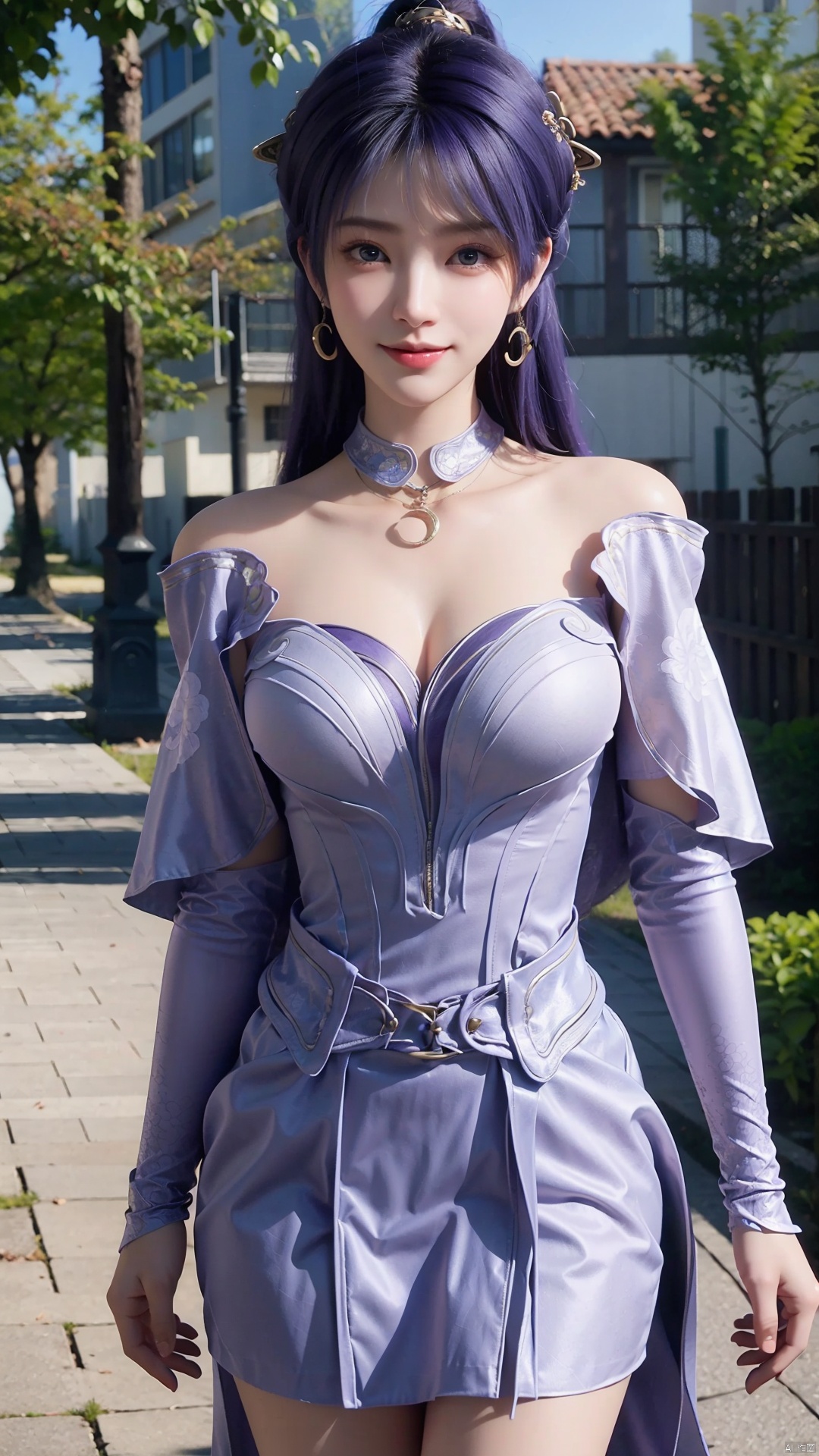  1girl, solo, jewelry, earrings, breasts, necklace, purple hair, dress, realistic, bare shoulders, mischevious smile, perfect body, scenery, sharp focus, best quality, masterpiece, detailed outfit, illustration, perfect eyes, finely detailed beautiful anime eyes, realistic skin, intricate details, best lighting, depth of field, ultra high resolution,cowboy_shot, dynamic pose, dynamic angle,