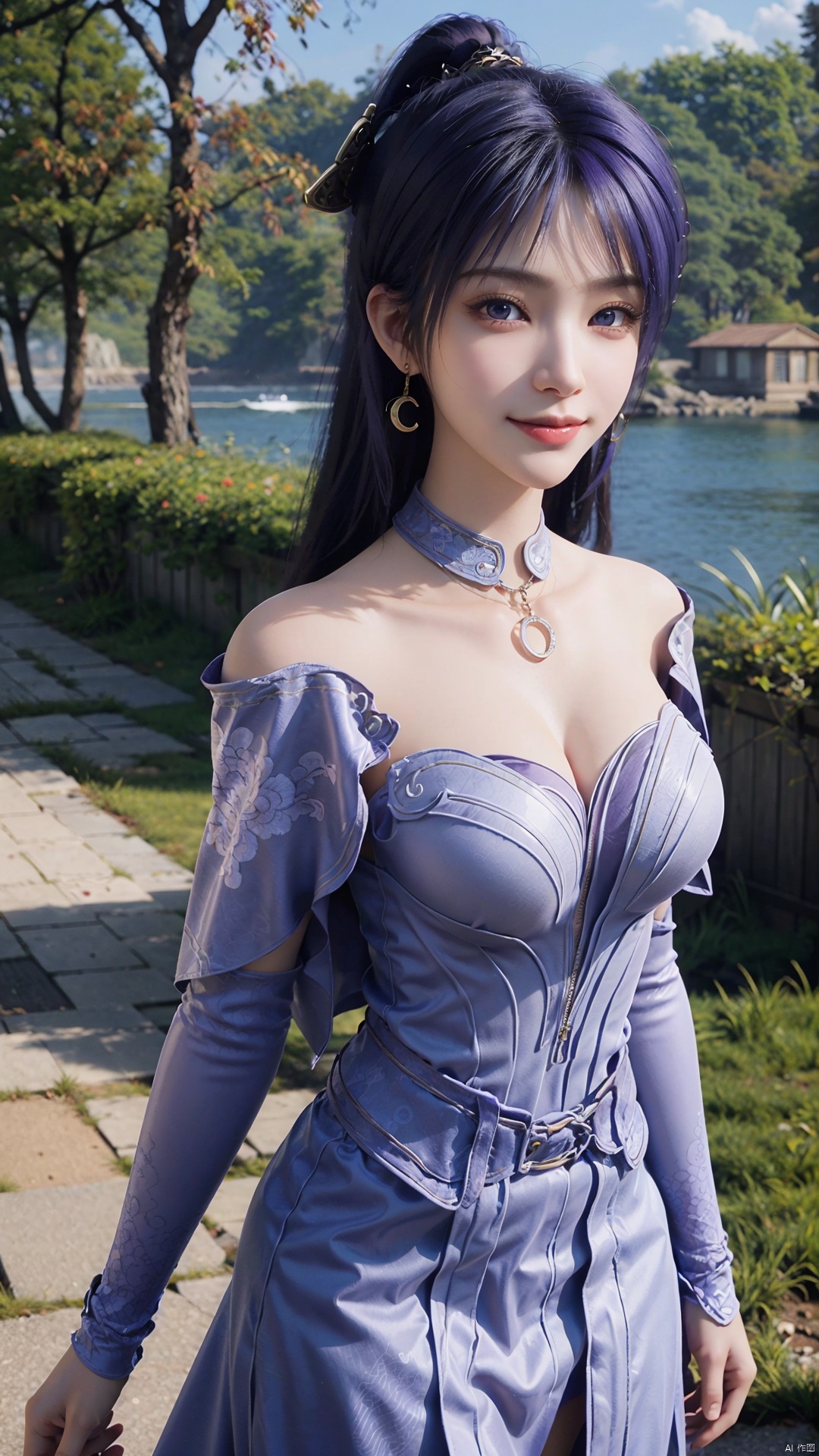  1girl, solo, jewelry, earrings, breasts, necklace, purple hair, dress, realistic, bare shoulders, mischevious smile, perfect body, scenery, sharp focus, best quality, masterpiece, detailed outfit, illustration, perfect eyes, finely detailed beautiful anime eyes, realistic skin, intricate details, best lighting, depth of field, ultra high resolution,cowboy_shot, dynamic pose, dynamic angle,