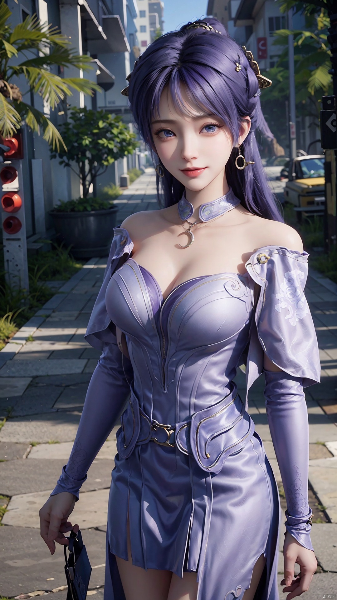  1girl, solo, jewelry, earrings, breasts, necklace, purple hair, dress, realistic, bare shoulders, mischevious smile, perfect body, scenery, sharp focus, best quality, masterpiece, detailed outfit, illustration, perfect eyes, finely detailed beautiful anime eyes, realistic skin, intricate details, best lighting, depth of field, ultra high resolution,cowboy_shot, dynamic pose, dynamic angle,