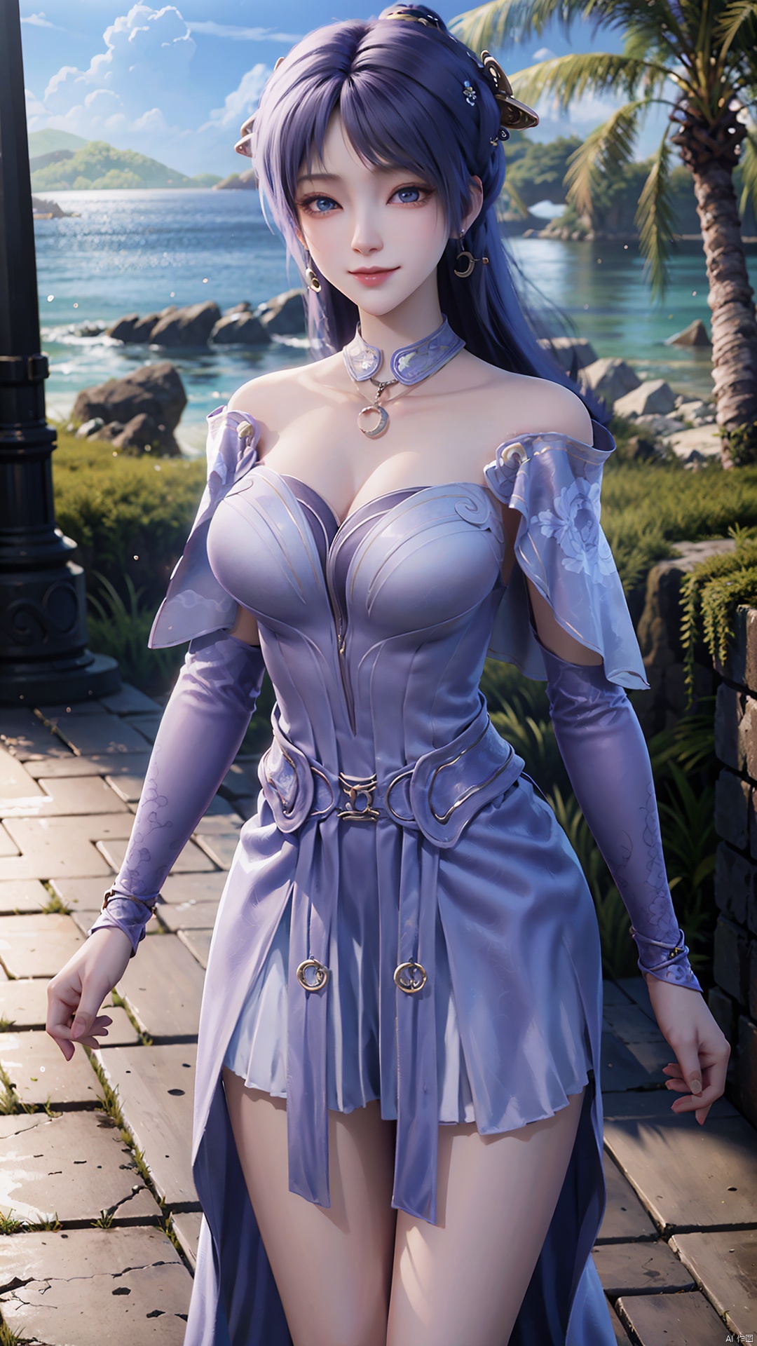  1girl, solo, jewelry, earrings, breasts, necklace, purple hair, dress, realistic, bare shoulders, mischevious smile, perfect body, scenery, sharp focus, best quality, masterpiece, detailed outfit, illustration, perfect eyes, finely detailed beautiful anime eyes, realistic skin, intricate details, best lighting, depth of field, ultra high resolution,cowboy_shot, dynamic pose, dynamic angle,