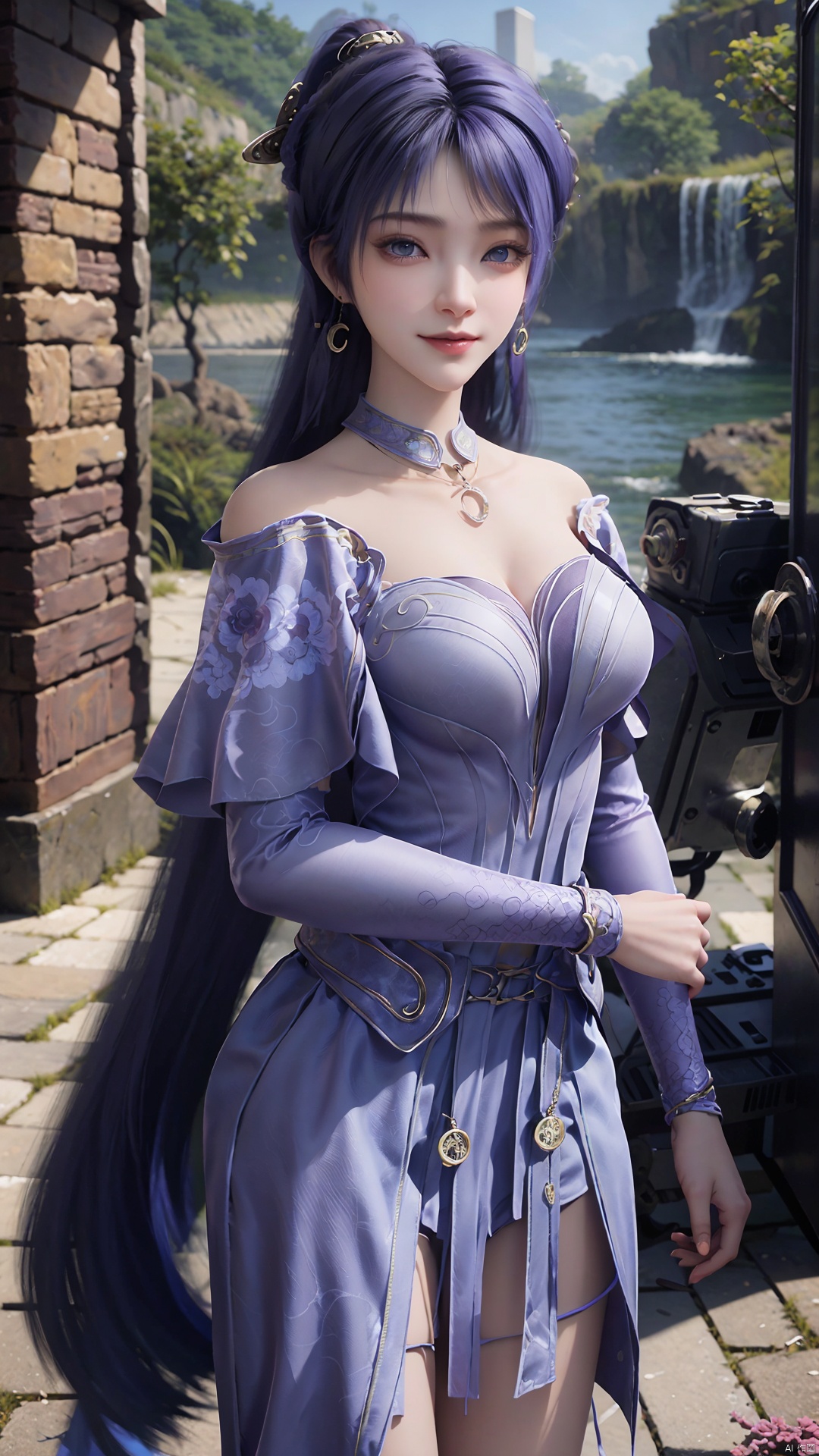  1girl, solo, jewelry, earrings, breasts, necklace, purple hair, dress, realistic, bare shoulders, mischevious smile, perfect body, scenery, sharp focus, best quality, masterpiece, detailed outfit, illustration, perfect eyes, finely detailed beautiful anime eyes, realistic skin, intricate details, best lighting, depth of field, ultra high resolution,cowboy_shot, dynamic pose, dynamic angle,