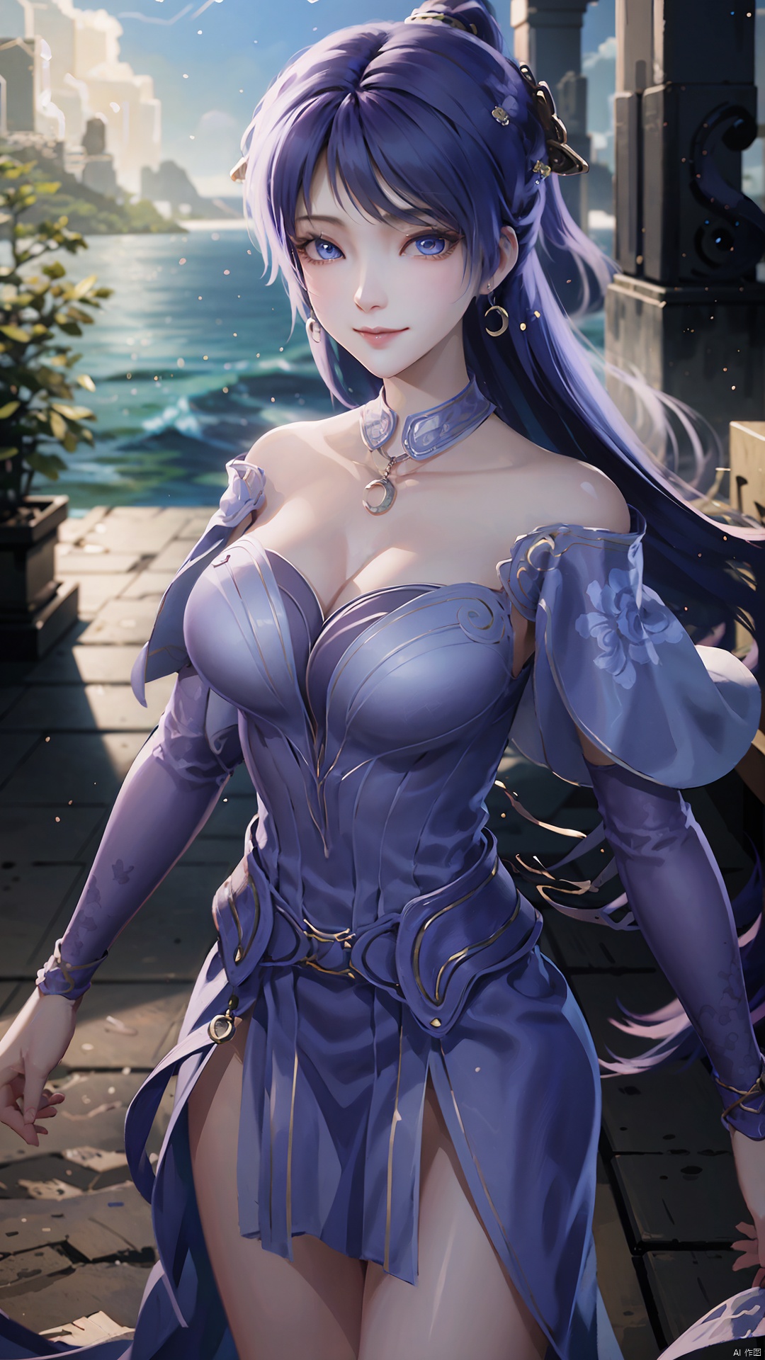  1girl, solo, jewelry, earrings, breasts, necklace, purple hair, dress, realistic, bare shoulders, mischevious smile, perfect body, scenery, sharp focus, best quality, masterpiece, detailed outfit, illustration, perfect eyes, finely detailed beautiful anime eyes, realistic skin, intricate details, best lighting, depth of field, ultra high resolution,cowboy_shot, dynamic pose, dynamic angle,